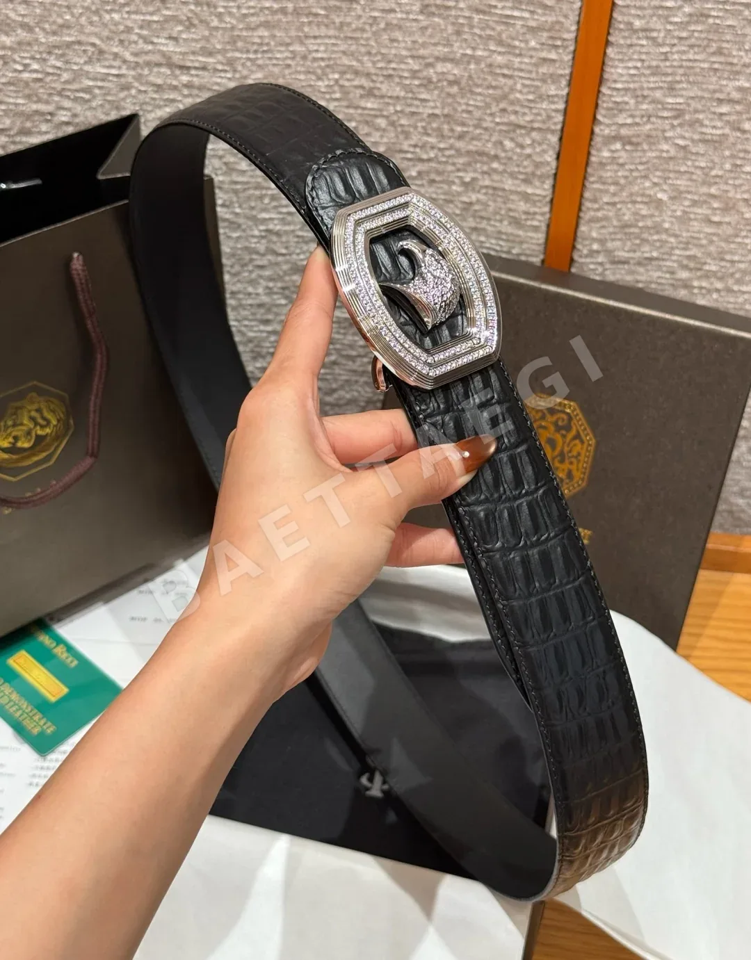 스테파노리치 매트 블랙 크로커다일 소가죽 남성 벨트 상세 이미지 3