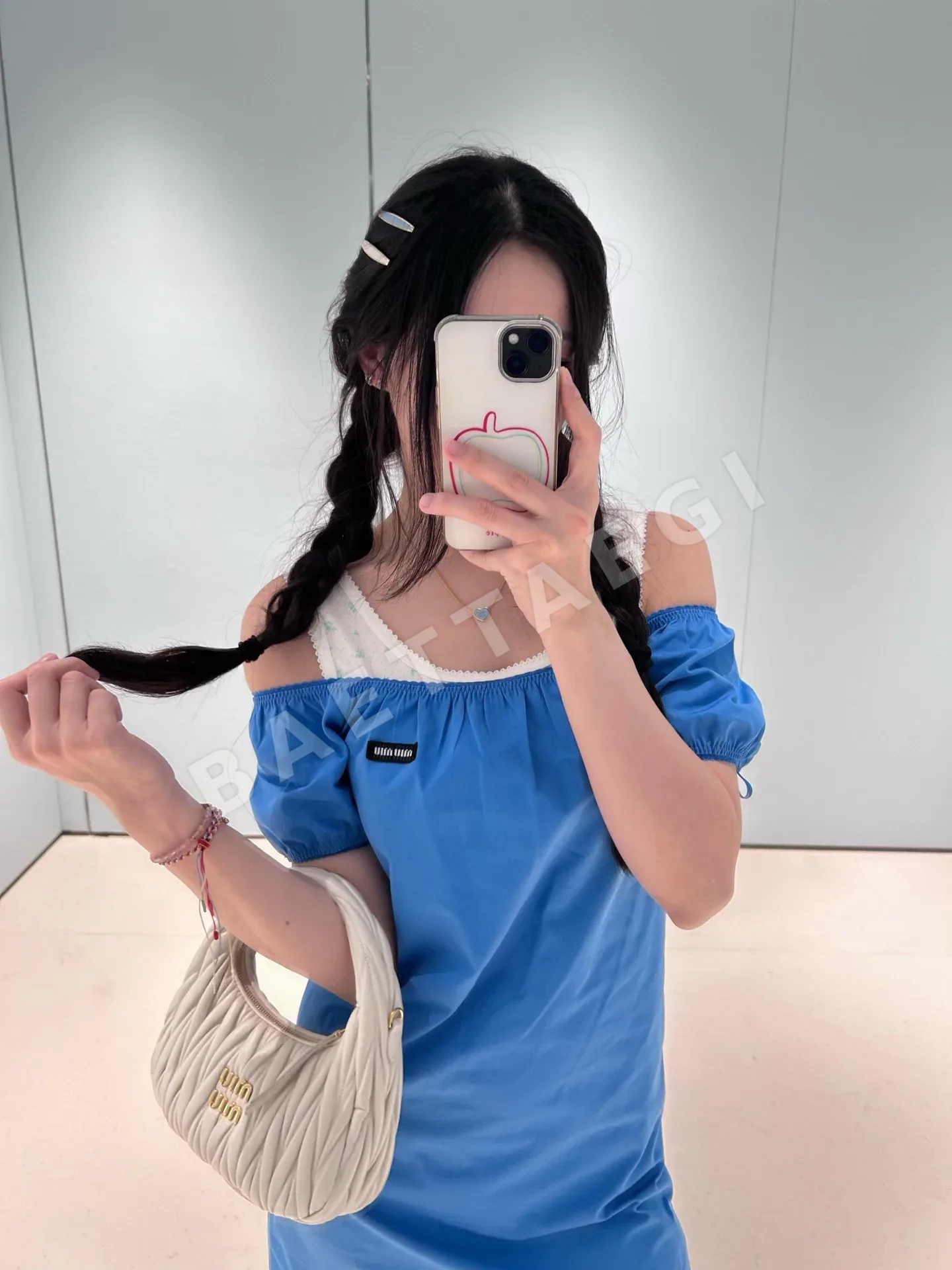 미우미우 스카이 블루 퍼프소매 A라인 원피스 상세 이미지 2