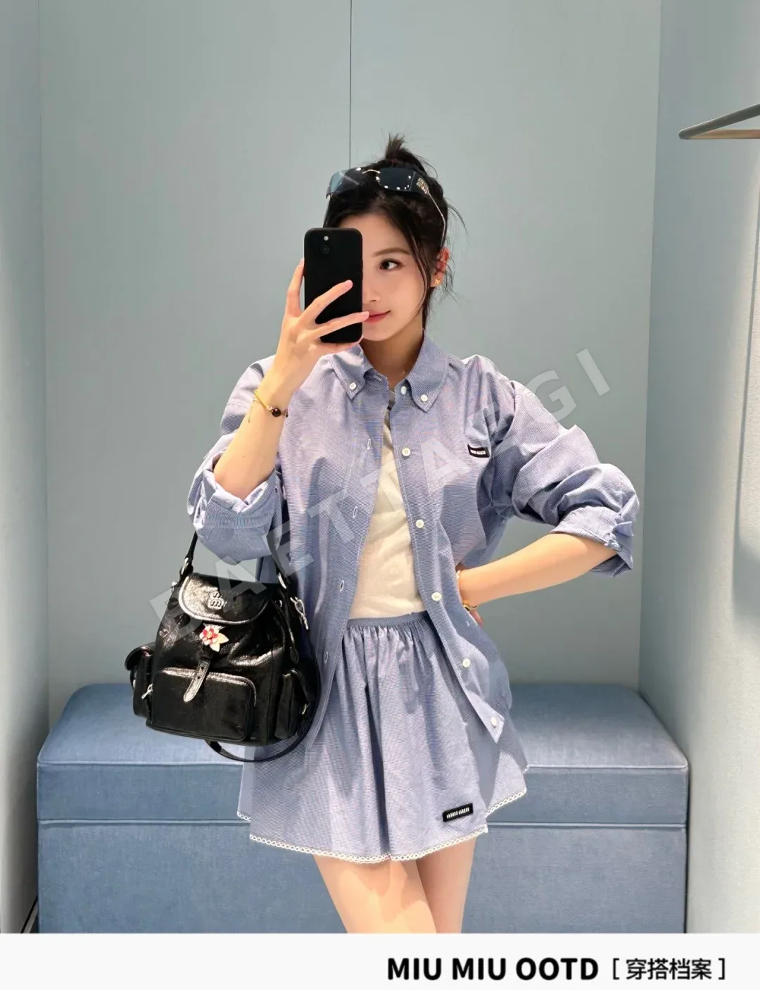 미우미우 블루 체크 코튼 셔츠 재킷 114802