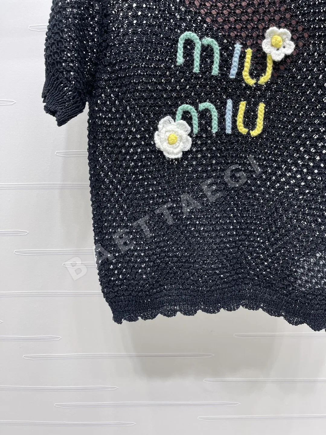 미우미우 시스루 레이스 트림 반팔 니트 탑 상세 이미지 5
