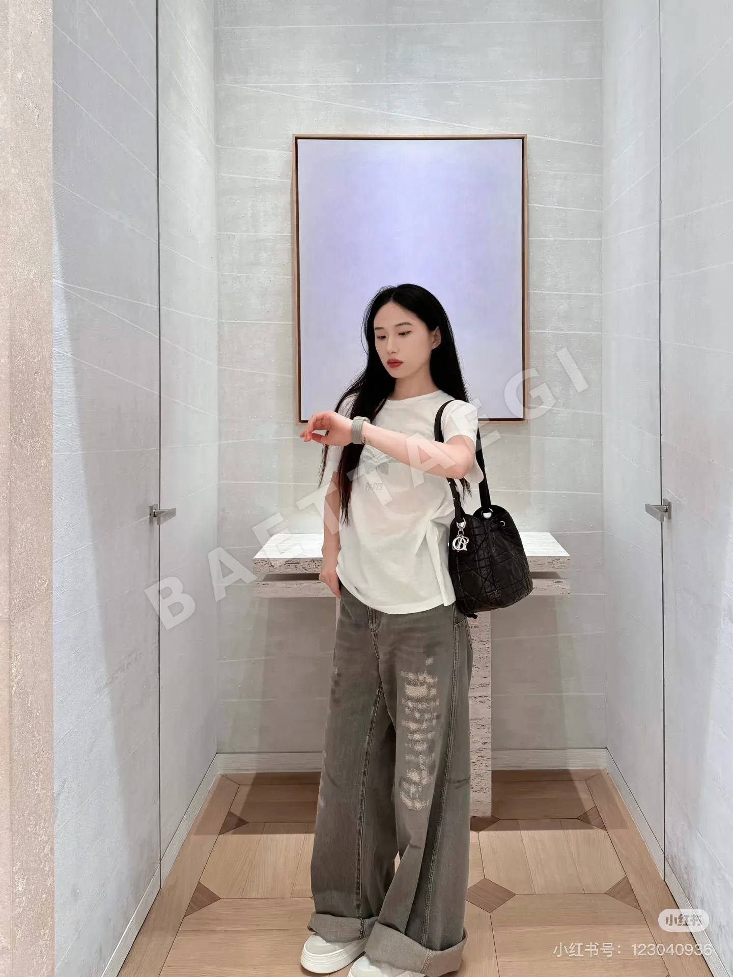 디올 데미지 와이드 레그 면 데님 바지