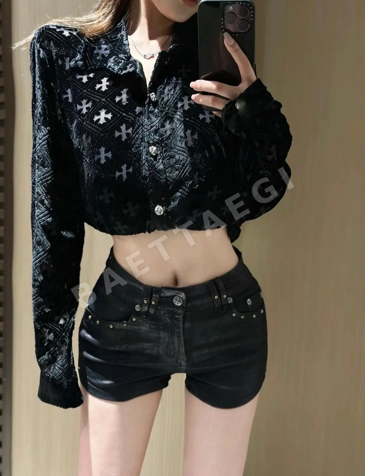 크롬하츠 블랙 벨벳 긴팔 셔츠 상세 이미지 13
