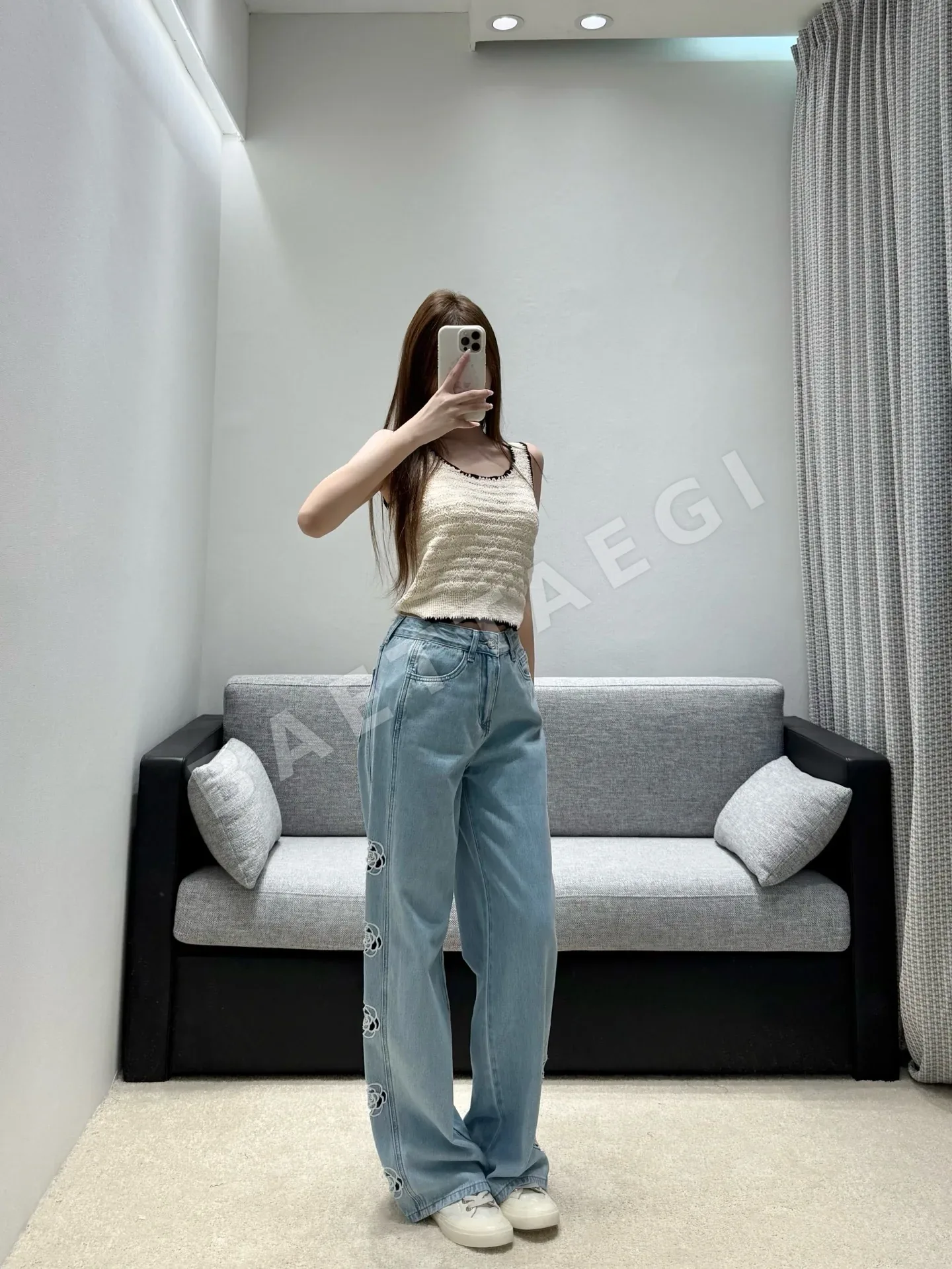 샤넬 장미 장식 와이드 데님 여성 바지 상세 이미지 9