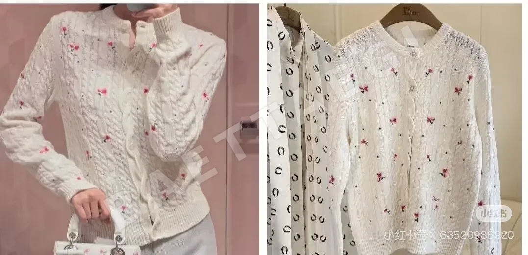 디올 라운드넥 체리 자수 반소매 니트 가디건 54464