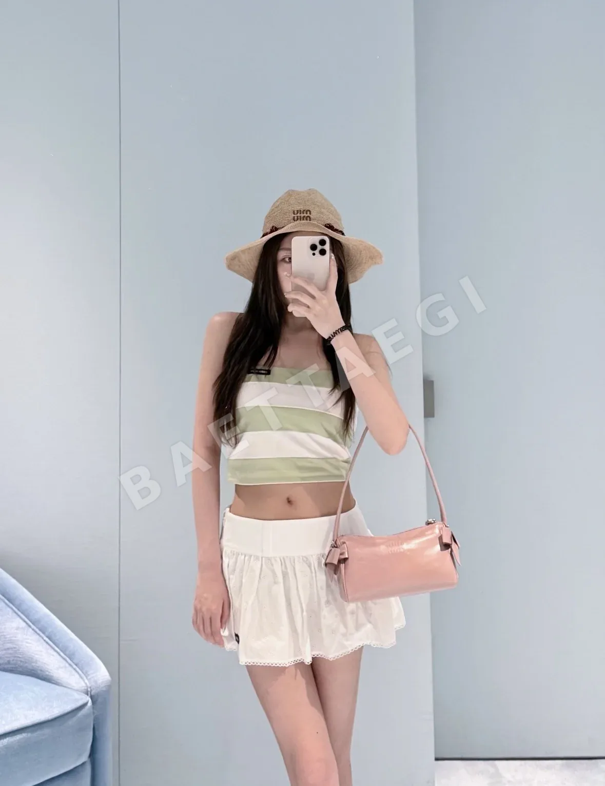 미우미우 화이트 자수 플리츠 미니스커트 상세 이미지 9