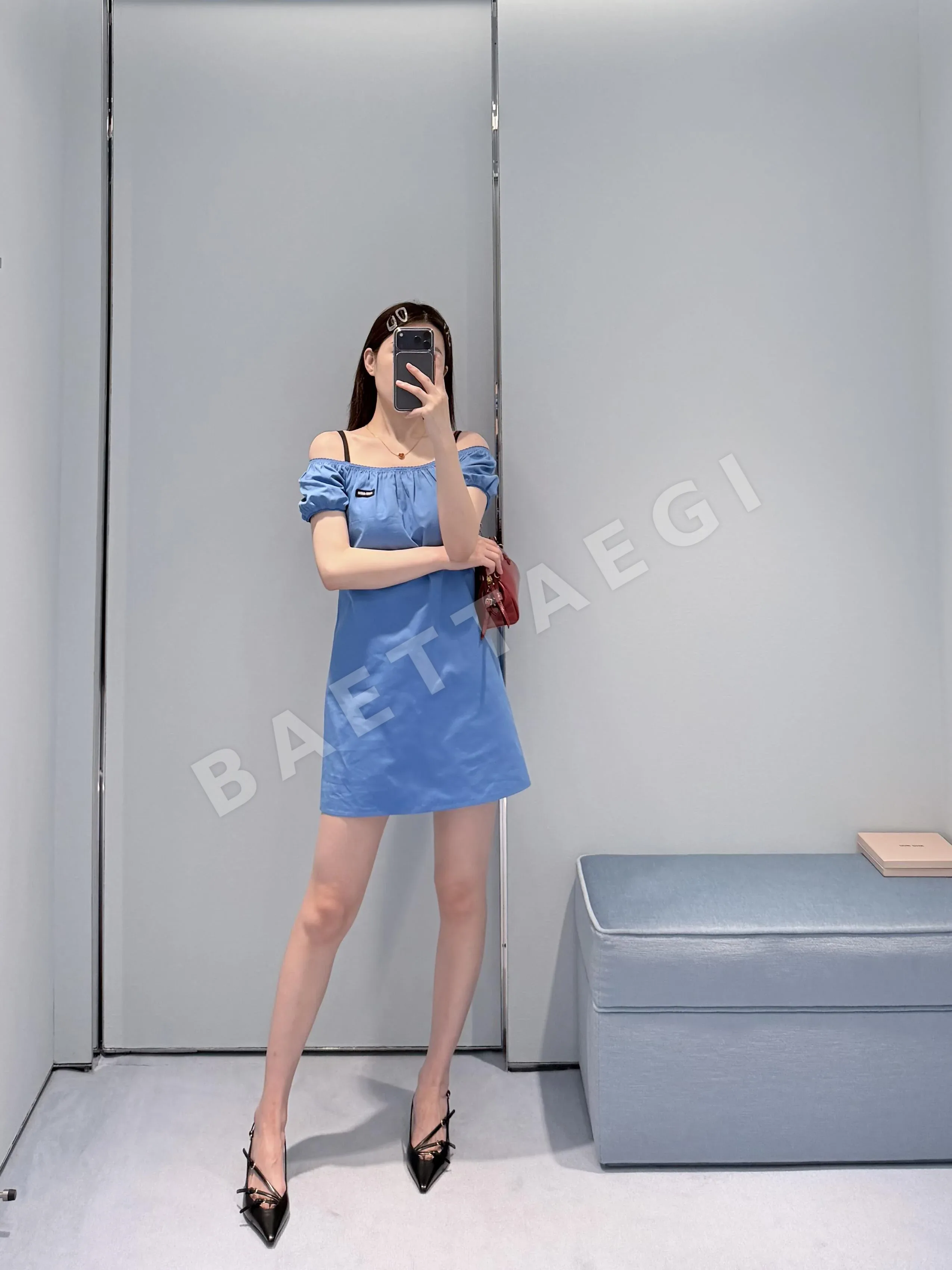 미우미우 스카이 블루 퍼프소매 A라인 원피스 상세 이미지 6
