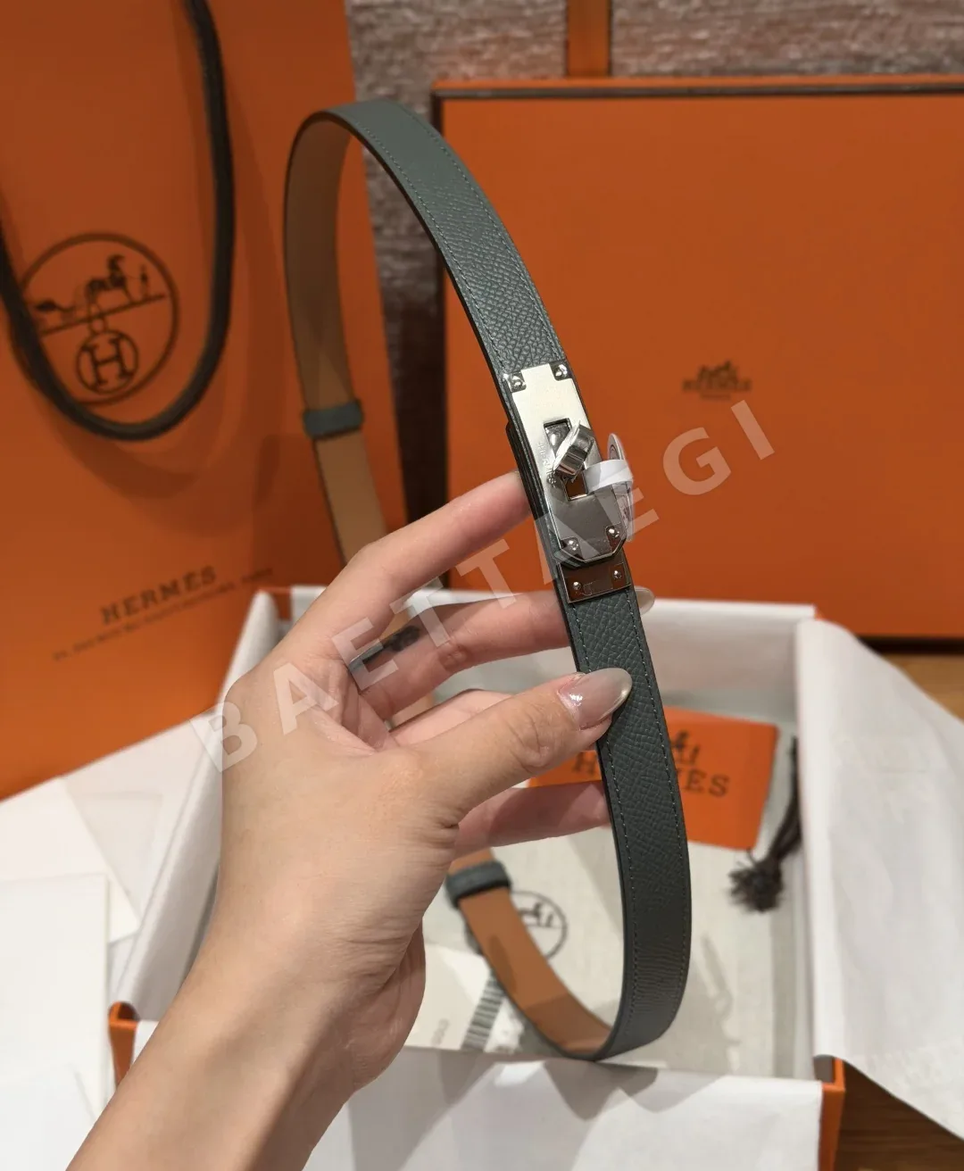 에르메스 켈리 팔라듐 도금 버클 헌터 가죽 벨트 상세 이미지 5