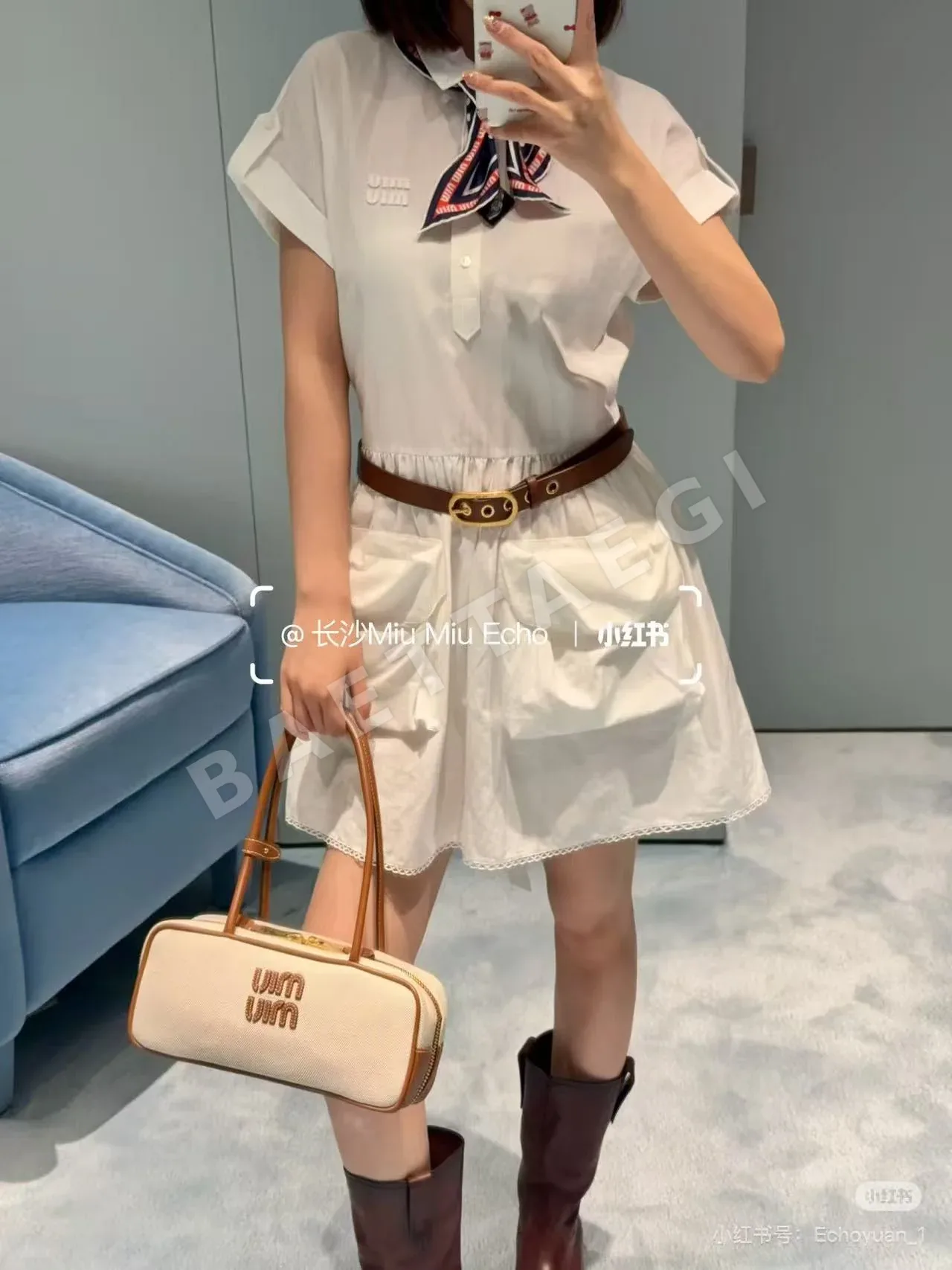 미우미우 카라 반소매 허리벨트 원피스 101376