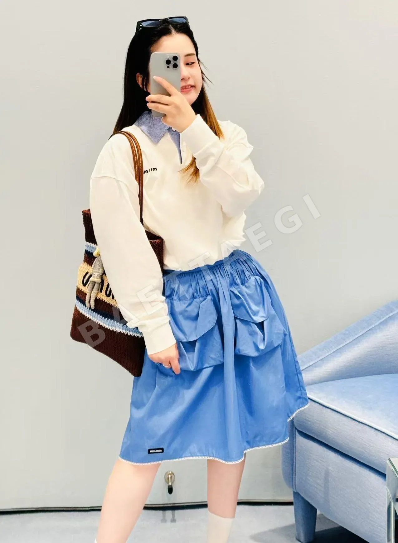 미우미우 블루 튤립 패턴 스커트 101621