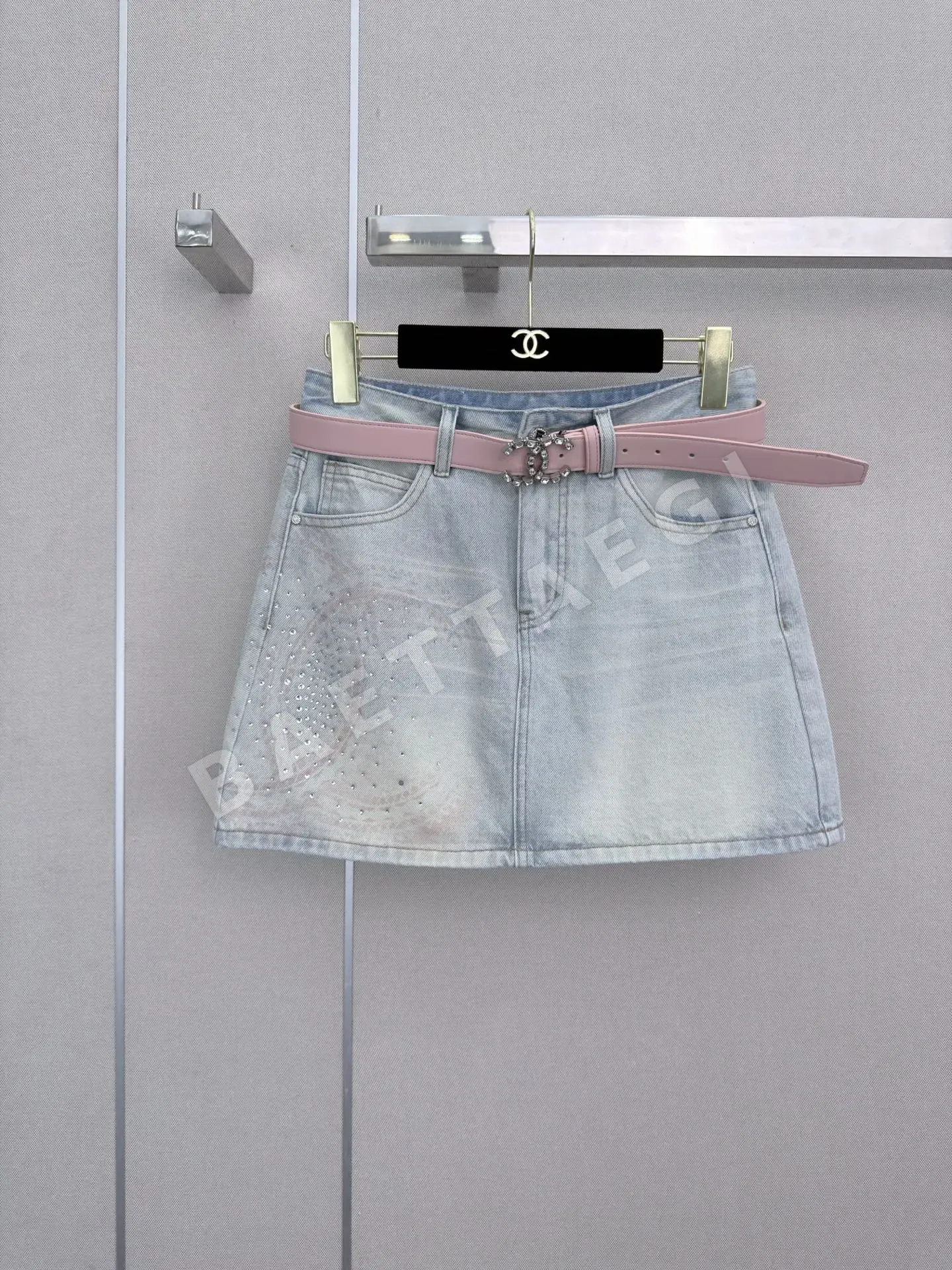 샤넬 라인스톤 장식 데님 A라인 스커트 상세 이미지 1