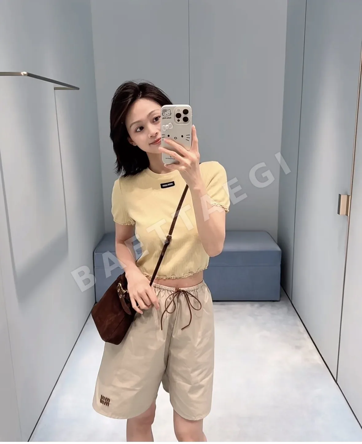 미우미우 레이스 트림 리브 크롭 반팔 티셔츠 상세 이미지 5