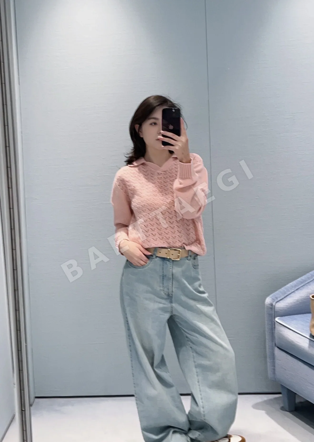 미우미우 라이트블루 와이드 레그 스트레이트 진 바지 상세 이미지 7