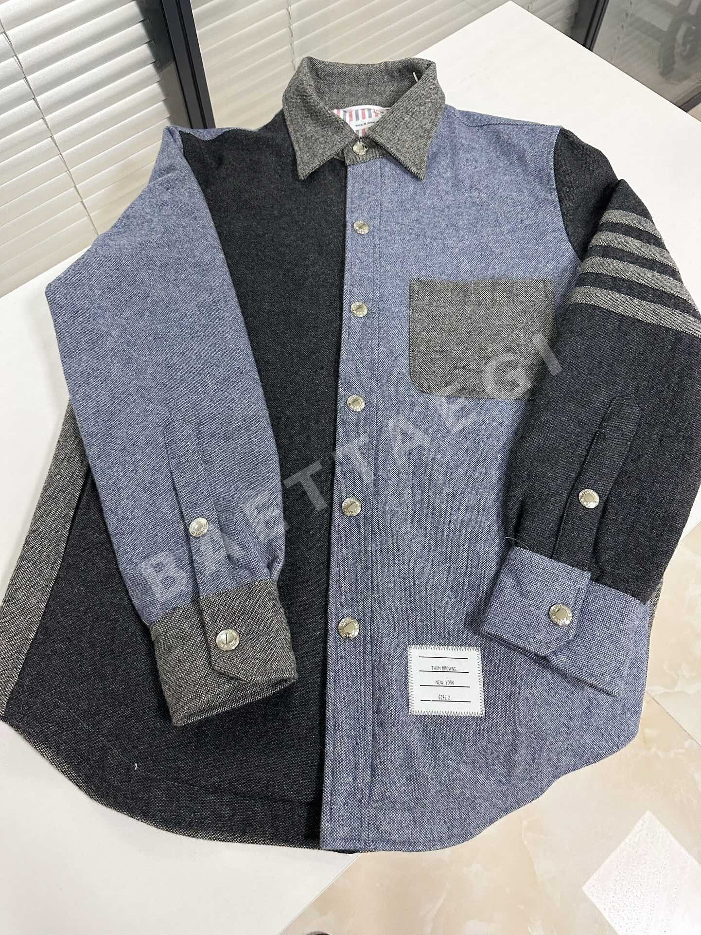 톰브라운 데님 블루 컬러 블록 울 셔츠 재킷 남성용 상세 이미지 9