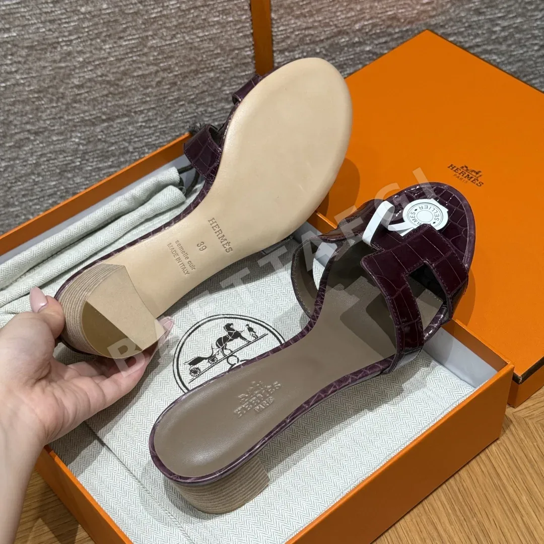 에르메스 오아시스 샌들 가롱 퍼플 악어가죽 하이힐 상세 이미지 7