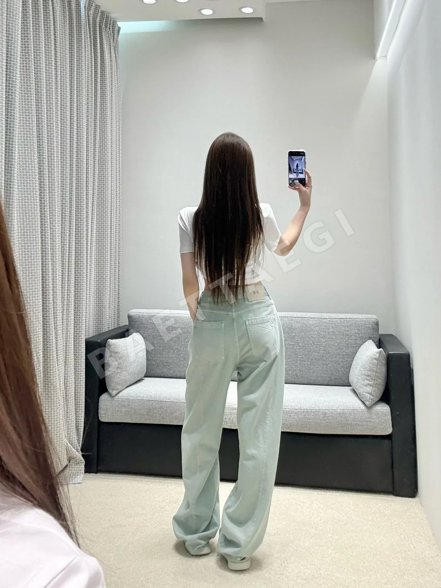 에르메스 민트 그린 하이웨이스트 와이드 레그 여성 바지 상세 이미지 5