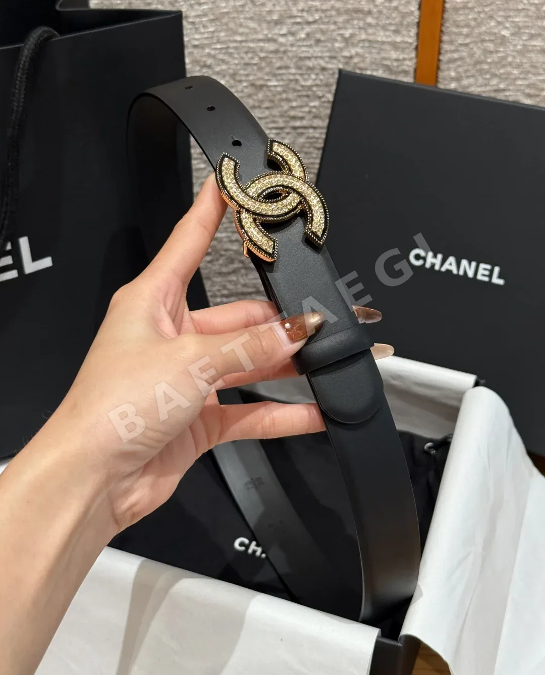 샤넬 더블 C 큐빅 장식 가죽 벨트 상세 이미지 3
