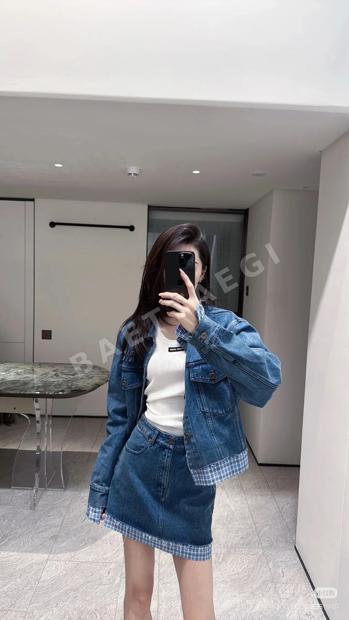 미우미우 컬러 블록 체크 패치워크 자수 데님 자켓 101210