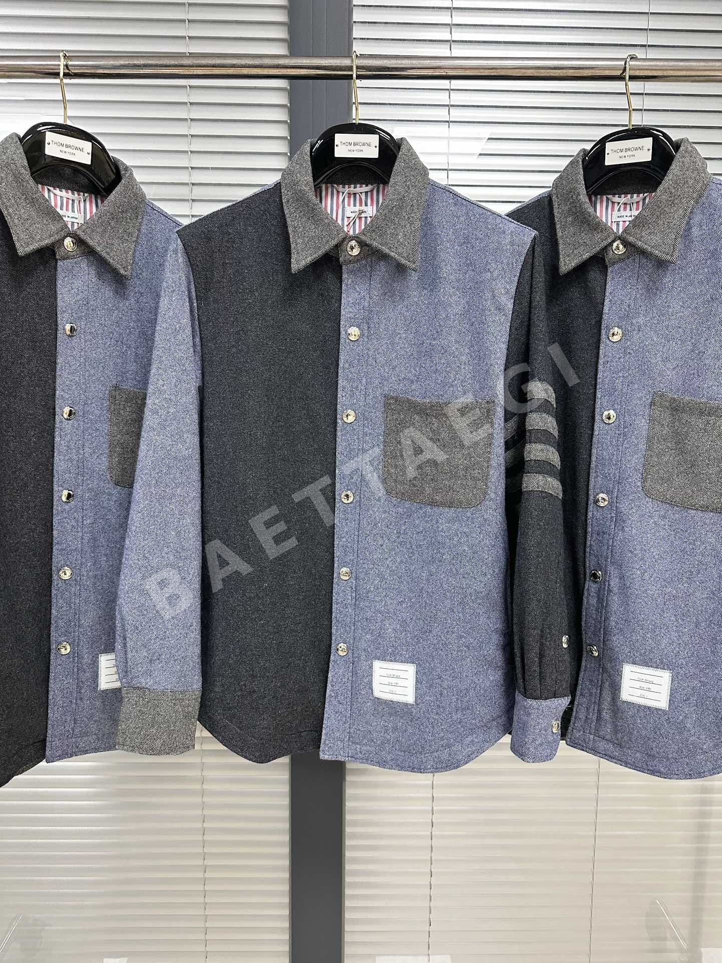 톰브라운 데님 블루 컬러 블록 울 셔츠 재킷 남성용 상세 이미지 2