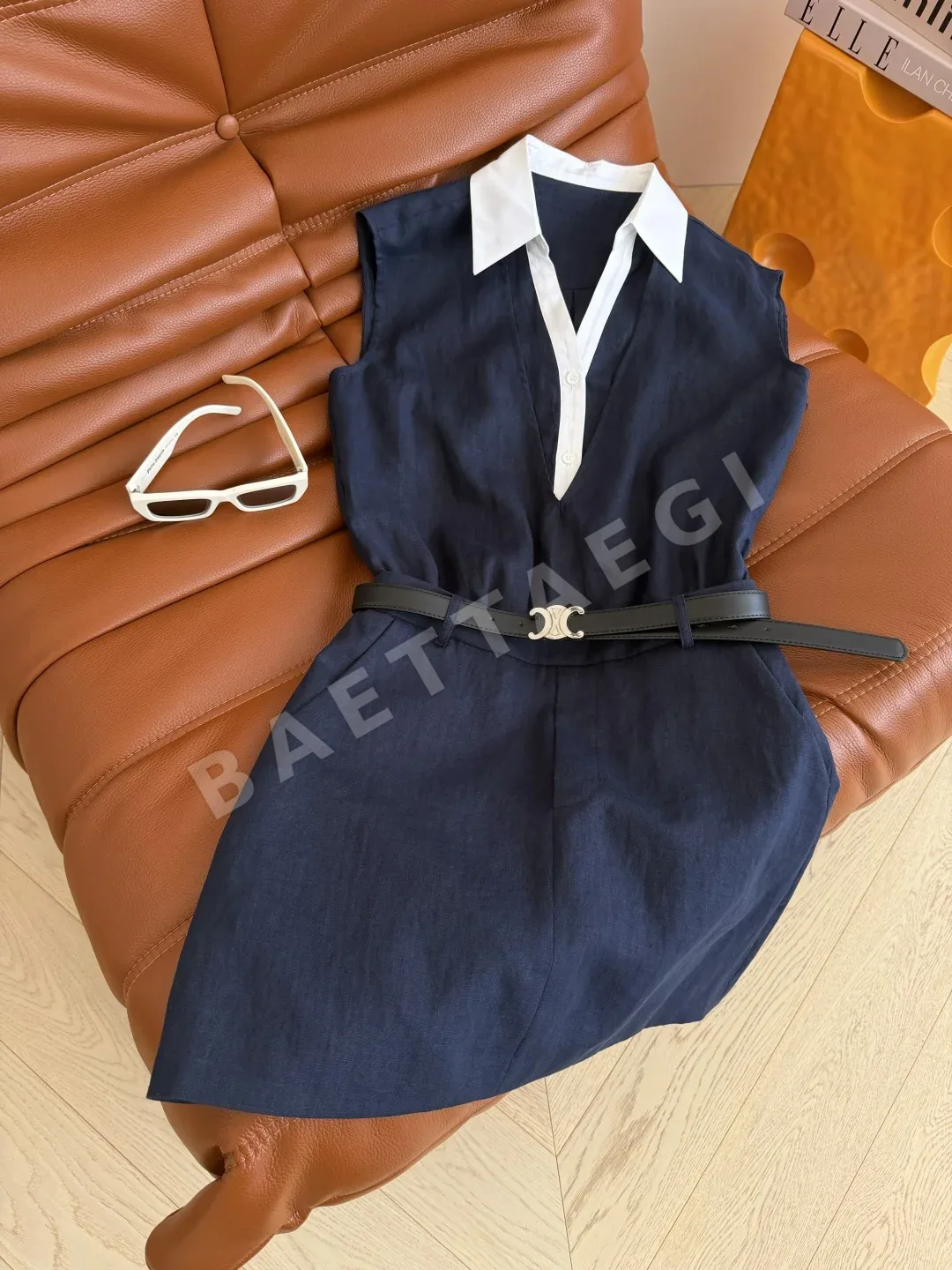 셀린느 린넨 컬러 블록 페이크 투피스 원피스 131904