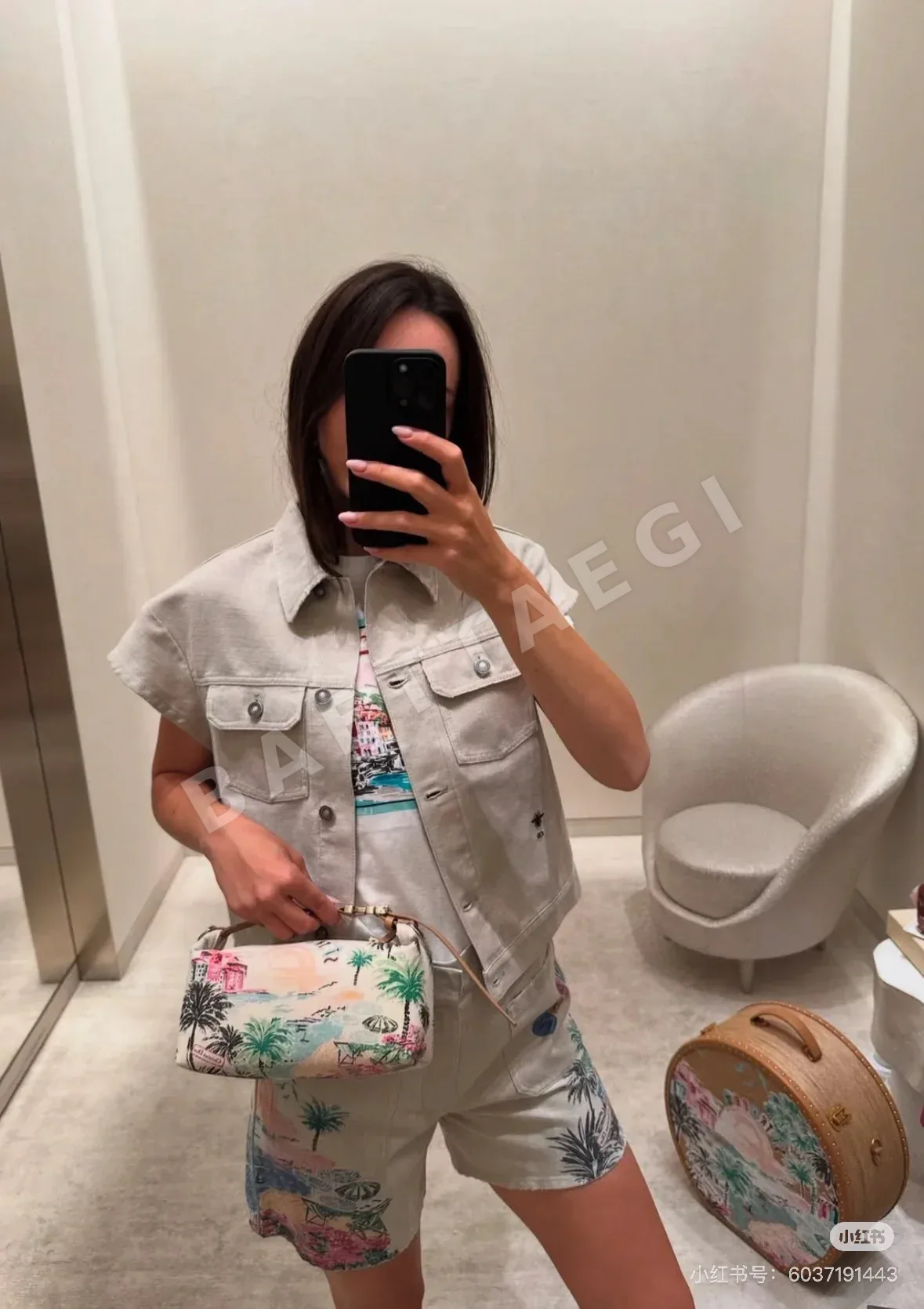 디올 프린트 데님 재킷 반바지 세트 상세 이미지 9