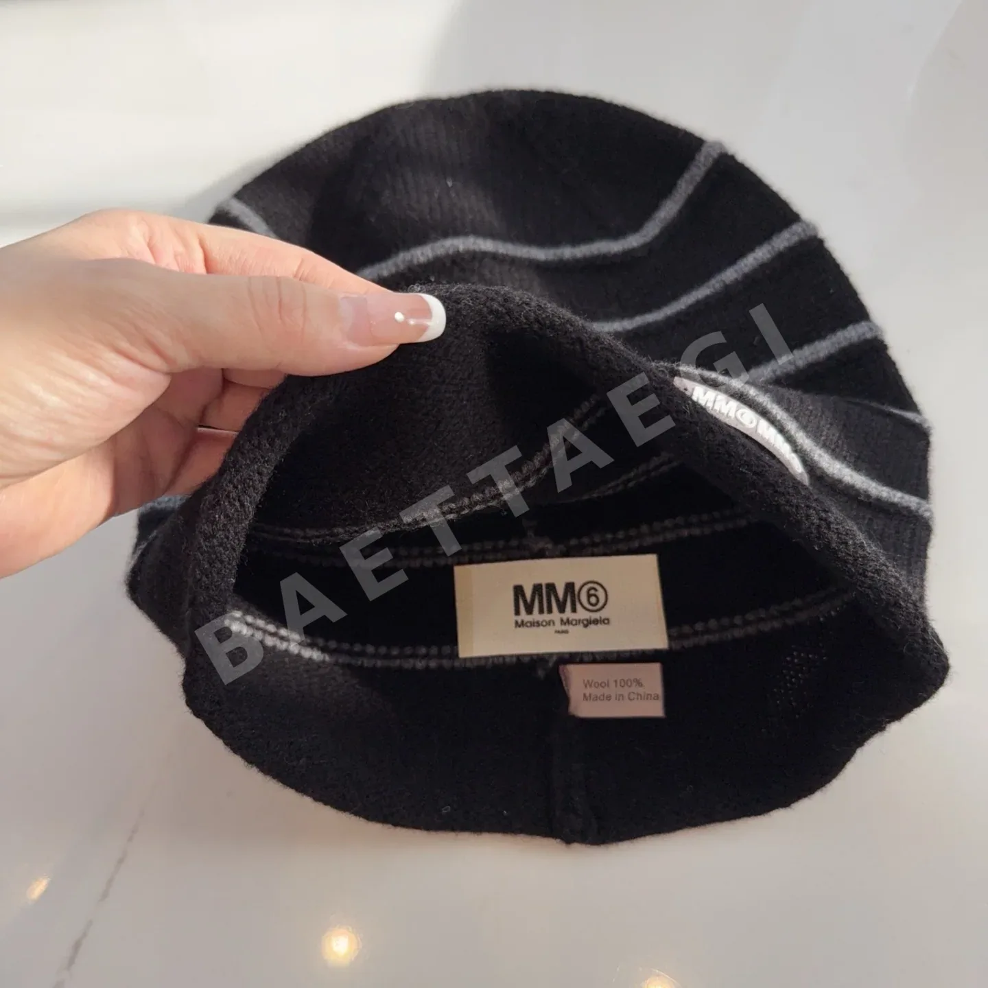 마르지엘라 뉴 스트라이프 컬러 블록 울 비니 모자 상세 이미지 4