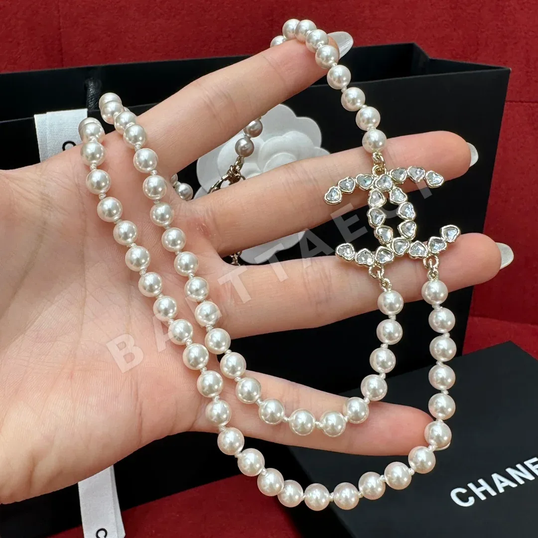 샤넬 하트 더블 C 다이아몬드 장식 더블 레이어 진주 목걸이 178715
