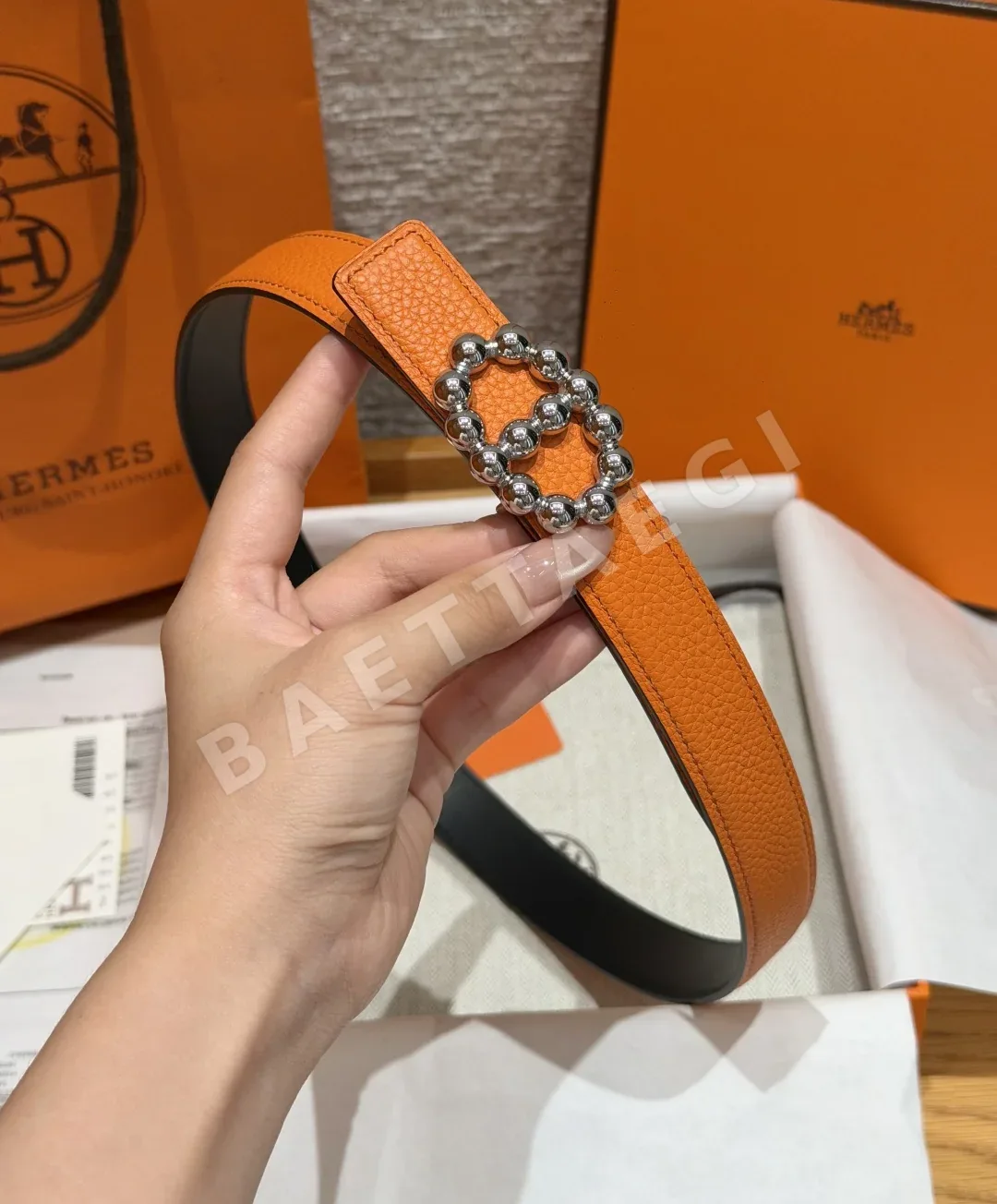 에르메스 H브랜드 진주 비즈 양면 가죽 벨트 24mm 상세 이미지 3