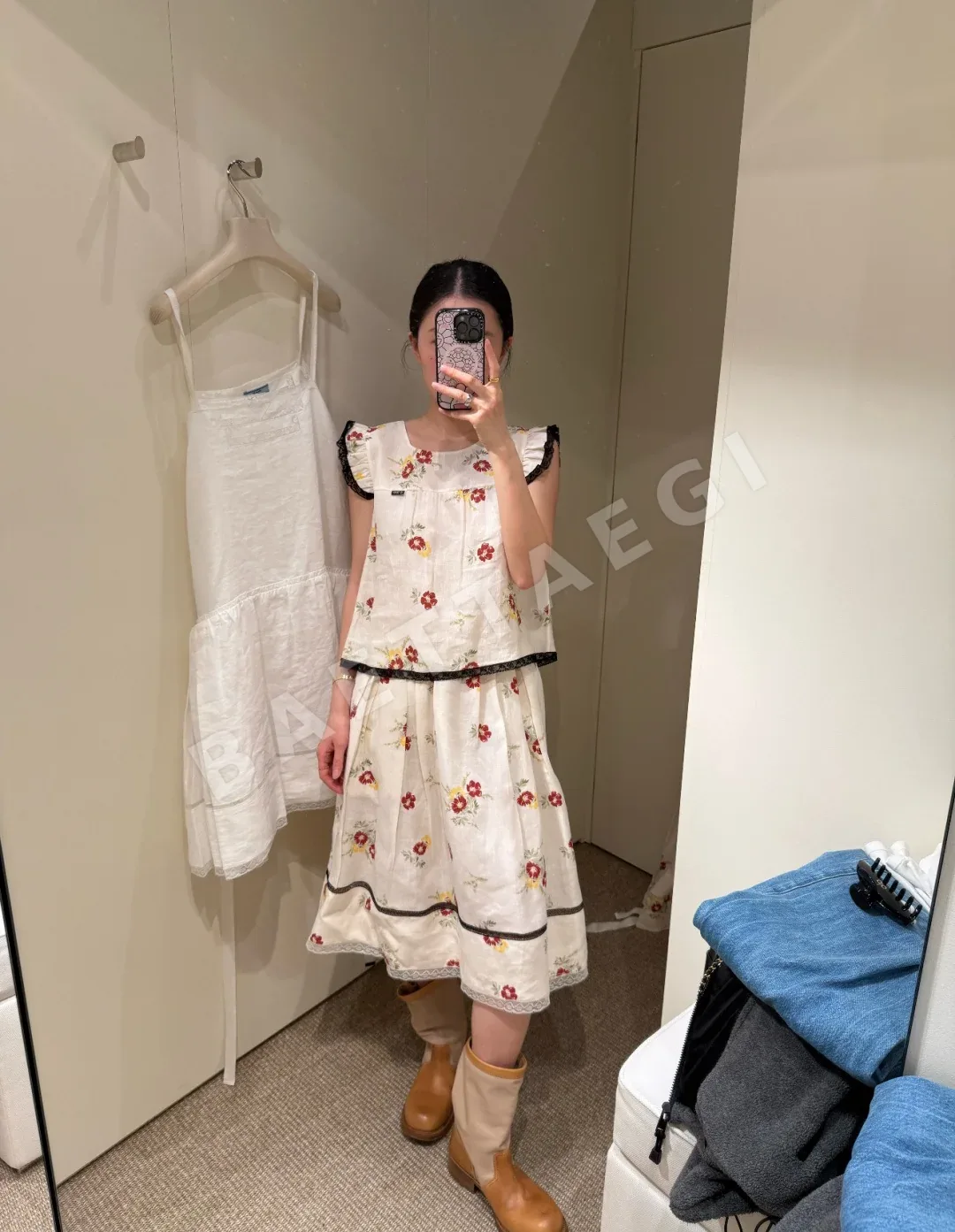 프라다 체크 레이스 트림 플라워 프린트 미디 원피스 상세 이미지 8