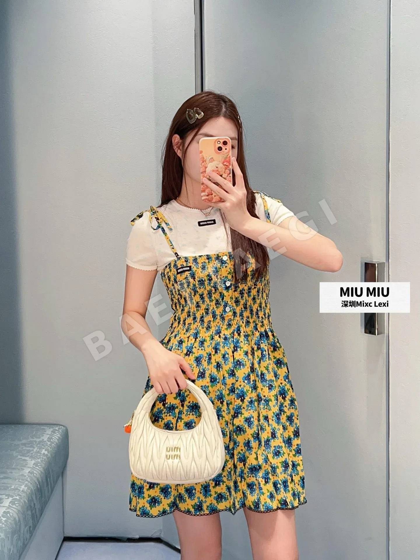 미우미우 해바라기 옐로우 플라워 프린트 여성 원피스 상세 이미지 7