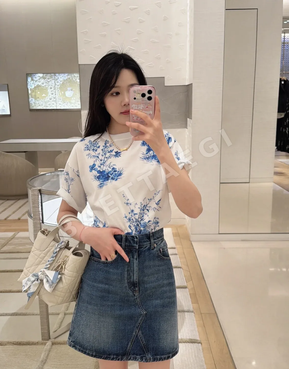 디올 블루 화조 프린트 여성 반팔 티셔츠 92519