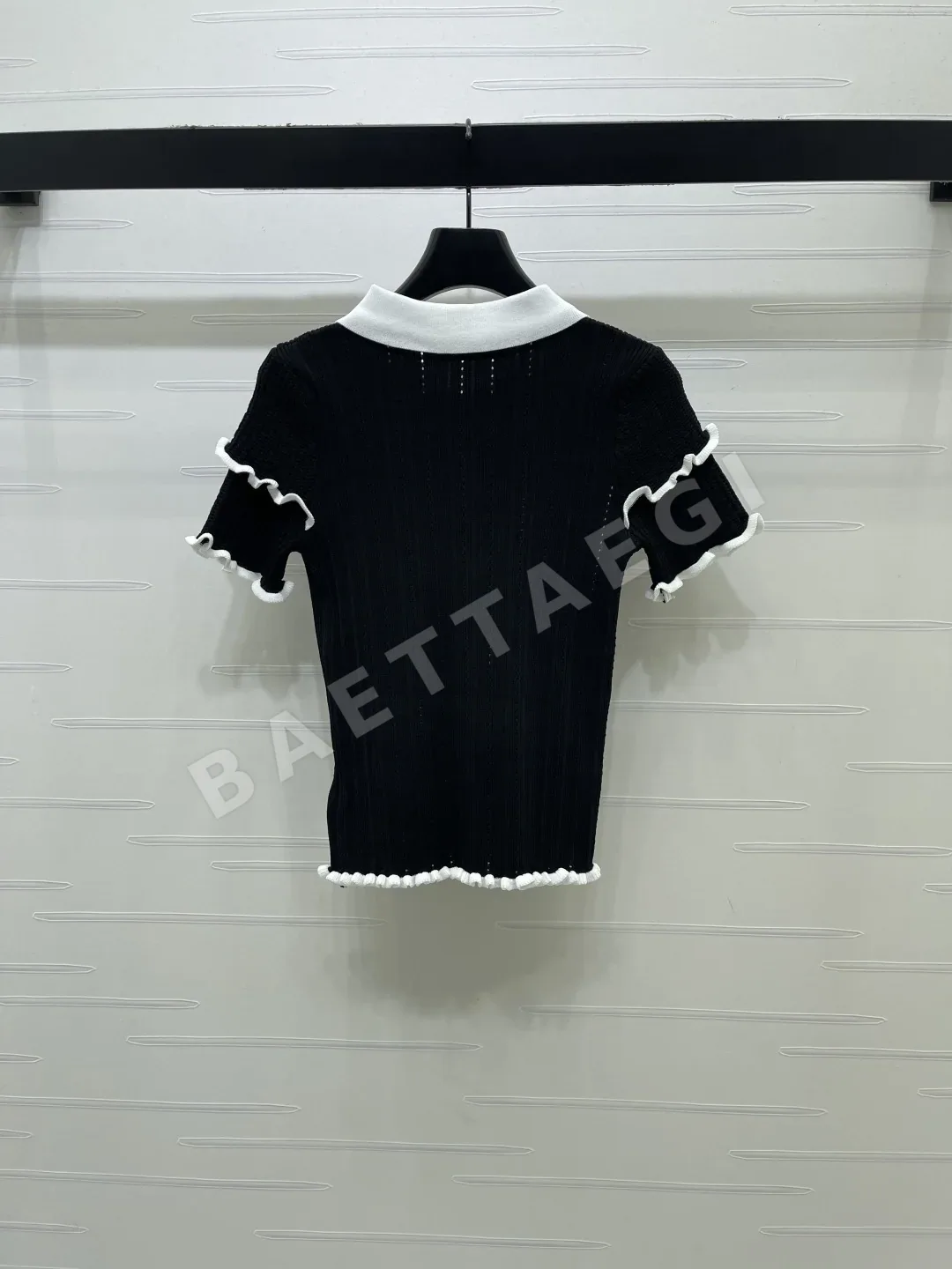 미우미우 실크 울 혼방 메시 카라 반팔 탑 상세 이미지 8