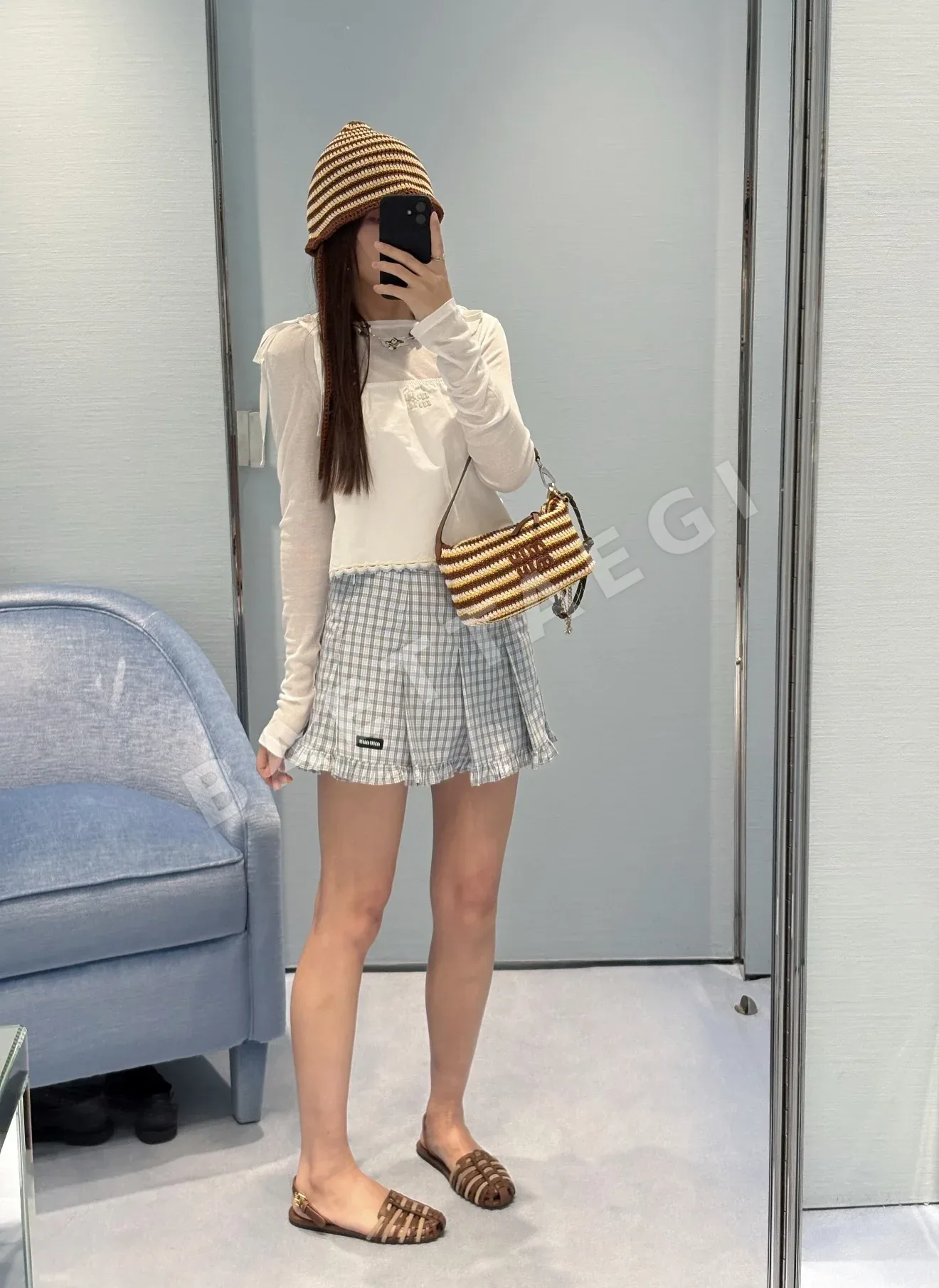 미우미우 체크 미디 스커트 101594