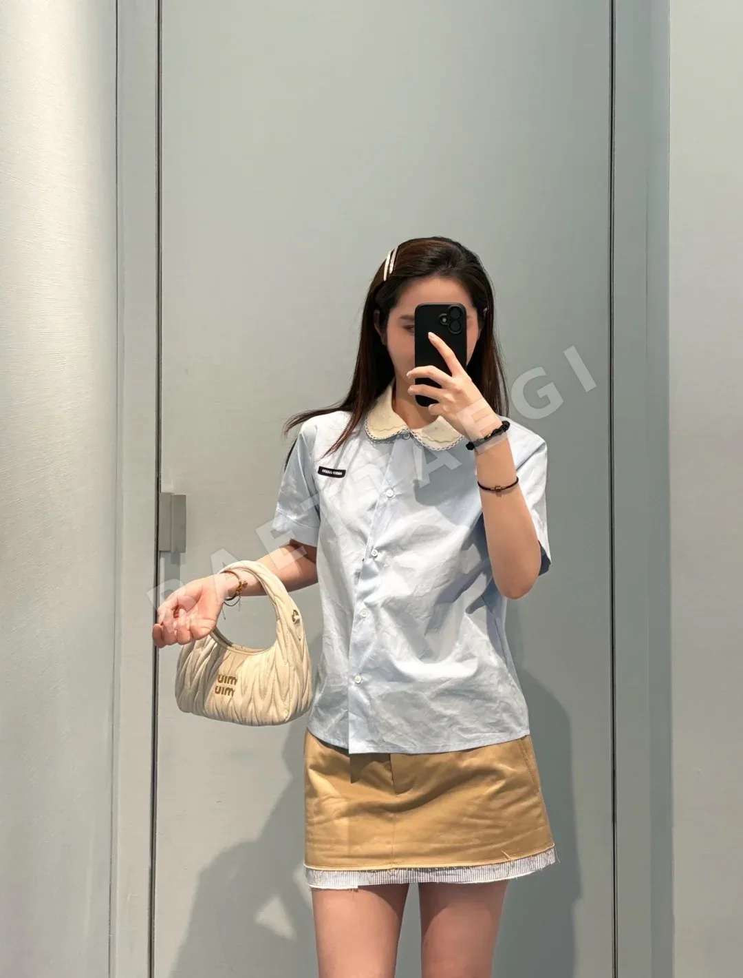 미우미우 자수 레이스 코튼 블루 셔츠 2632 상세 이미지 3