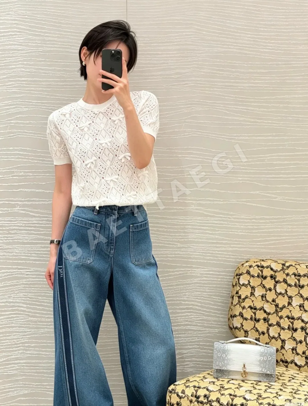 디올 리본 포인트 시스루 반팔 니트탑 상세 이미지 6