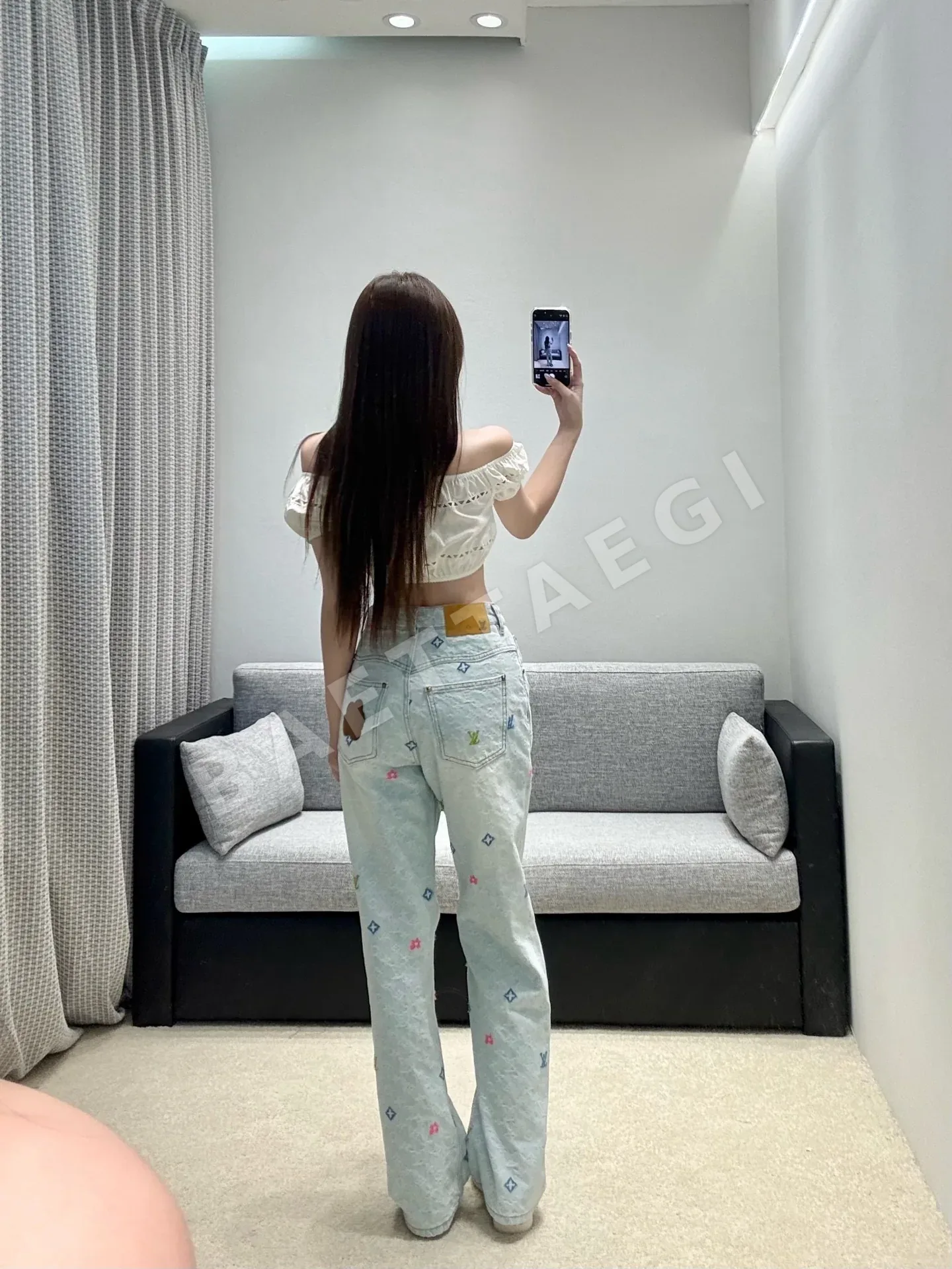 루이비통 라이트 블루 자카드 하이웨스트 플레어 여성 바지 상세 이미지 7