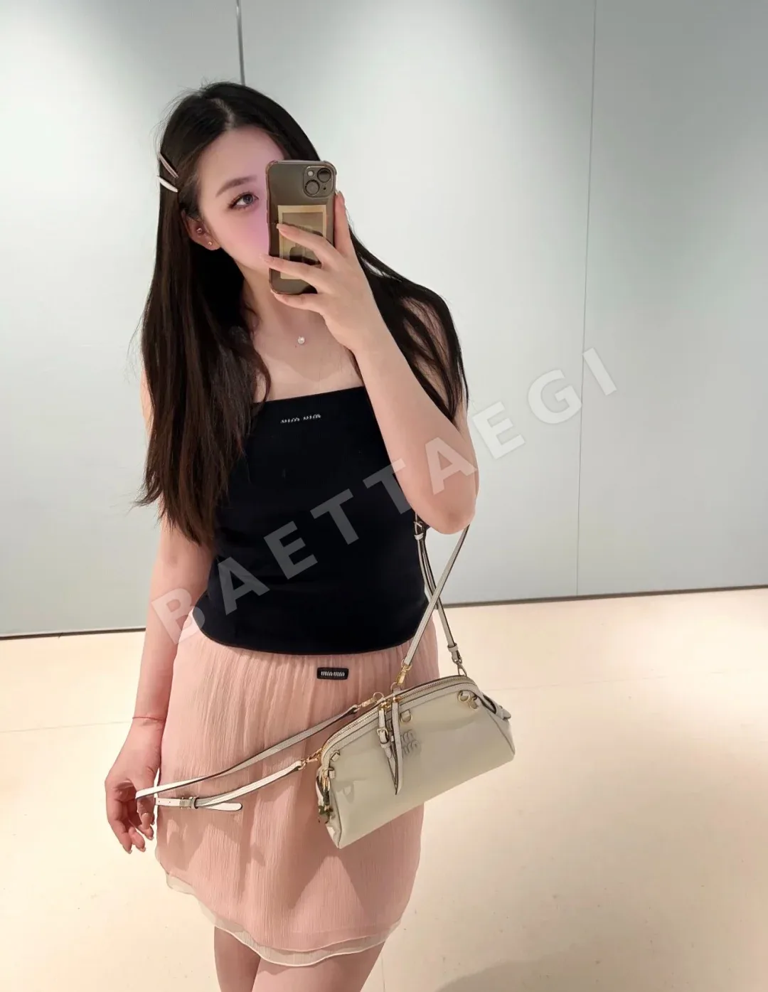 미우미우 피치핑크 실크 레이스 스커트 상세 이미지 8