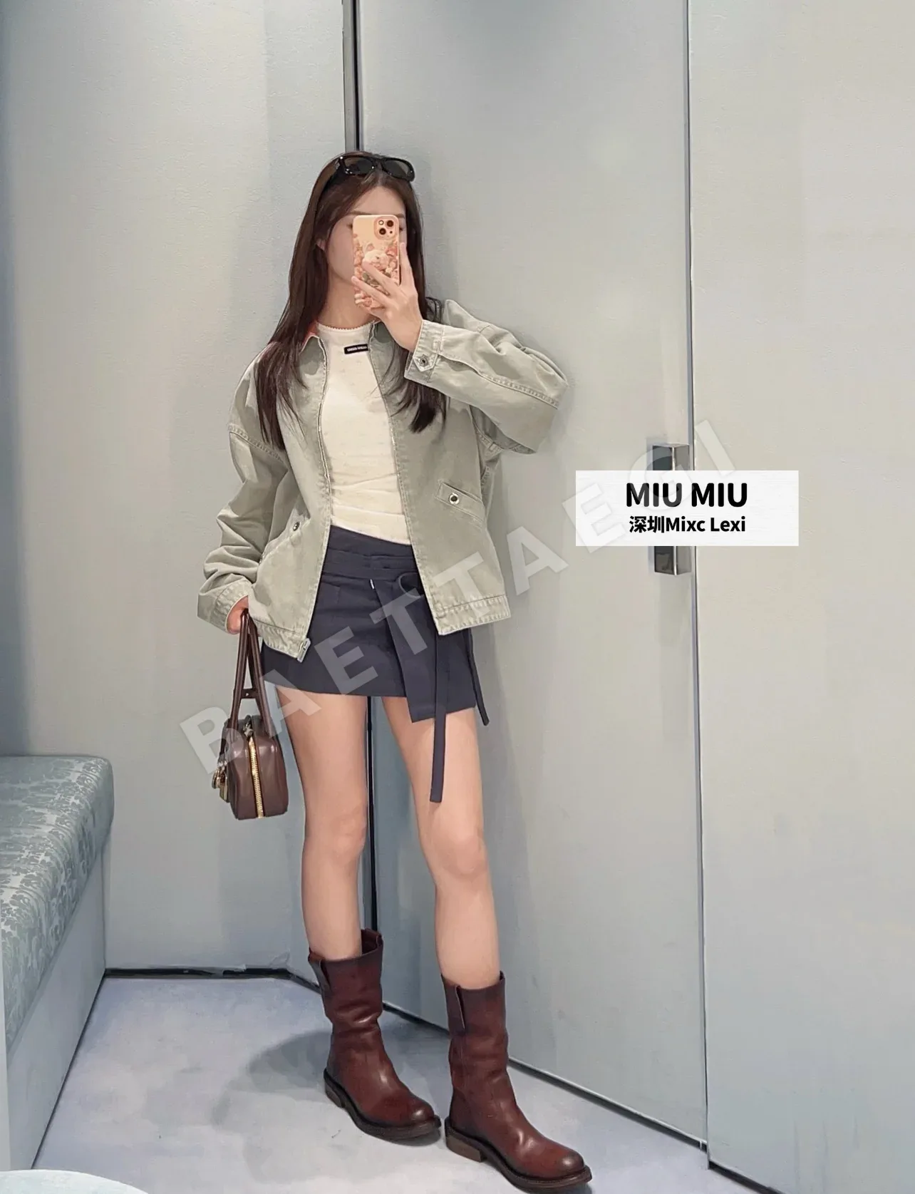 미우미우 회녹색 코튼 데님 크롭 자켓 상세 이미지 6