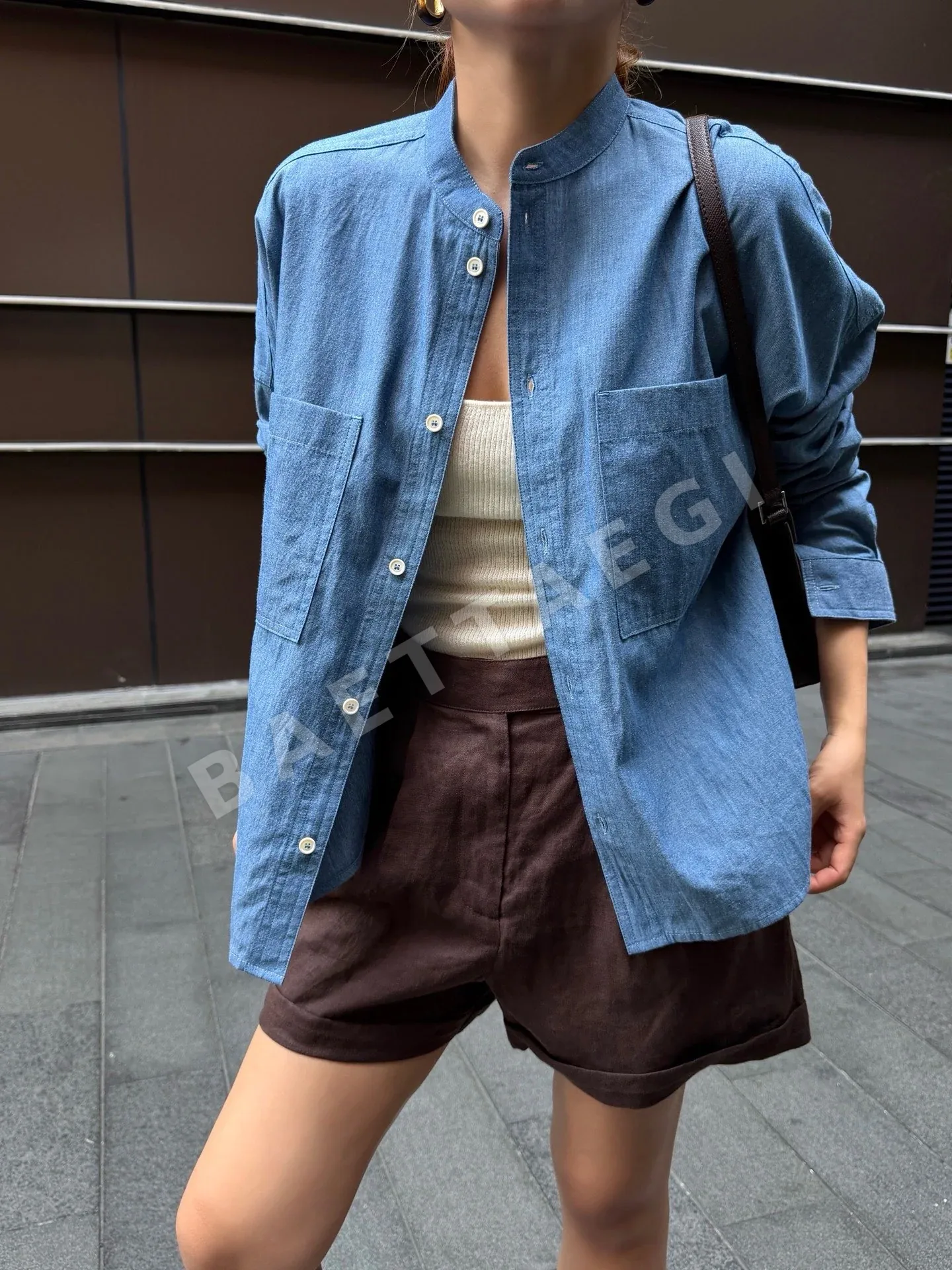 로로피아나 스탠드 카라 데님 여성 셔츠 상세 이미지 6