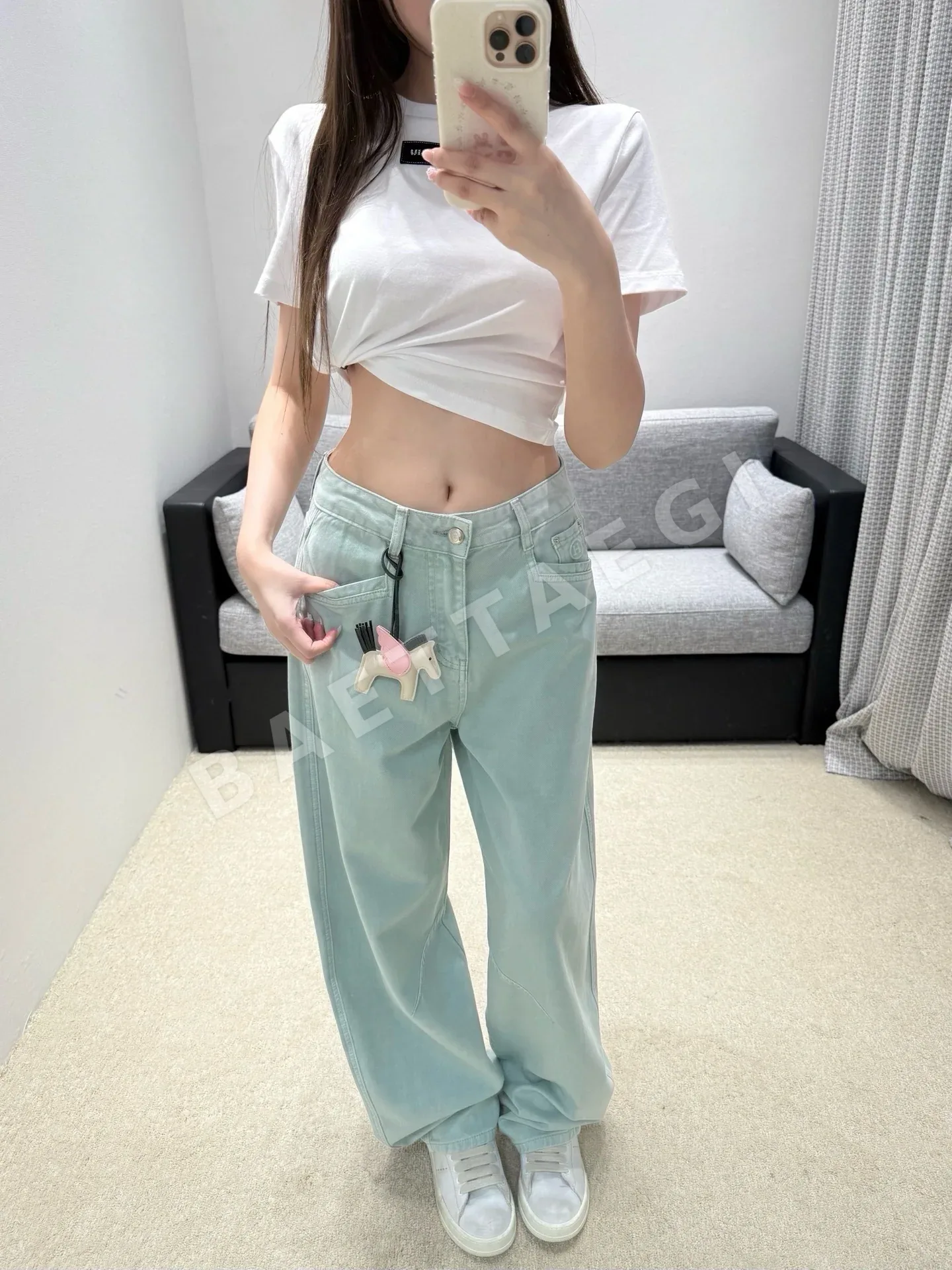 에르메스 민트 그린 하이웨이스트 와이드 레그 여성 바지 상세 이미지 7