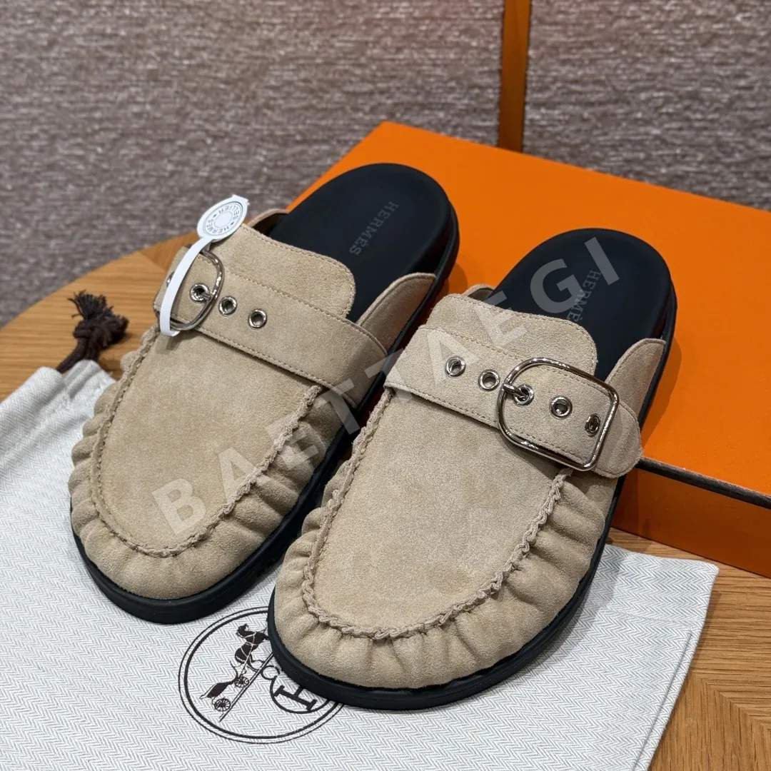 에르메스 키 뮬 샌들 베이지 샤모아 실버 하드웨어 165717