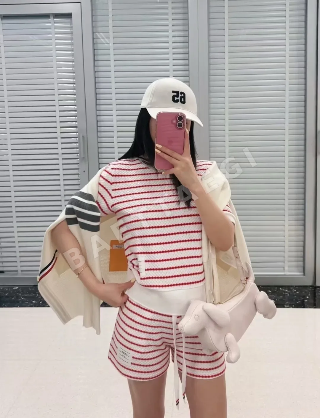 톰브라운 컬러 블록 스트라이프 니트 반팔 탑 세트 121687