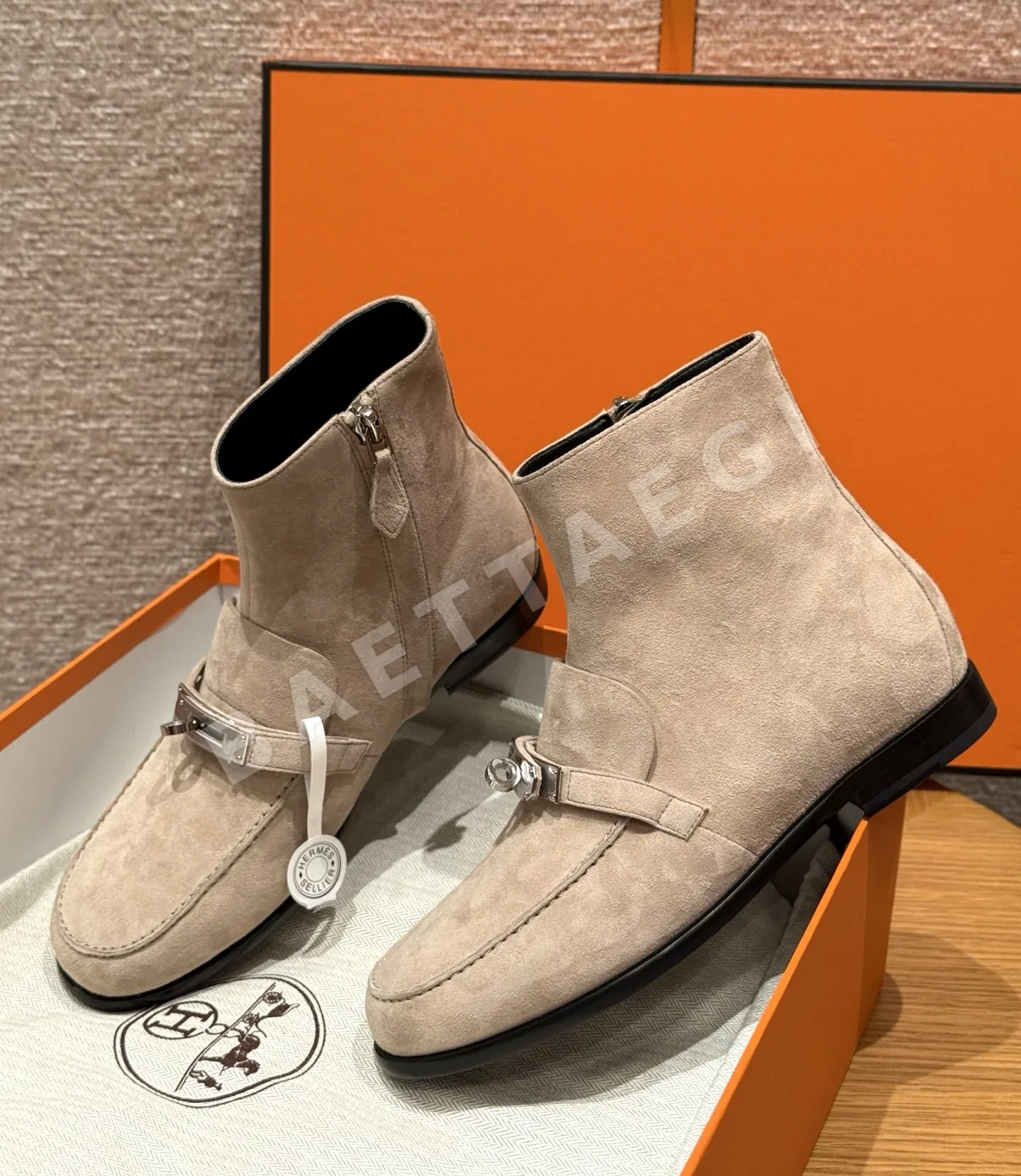 에르메스 켈시 앵클 부츠 베이지 샤모아 실버 버클 164753