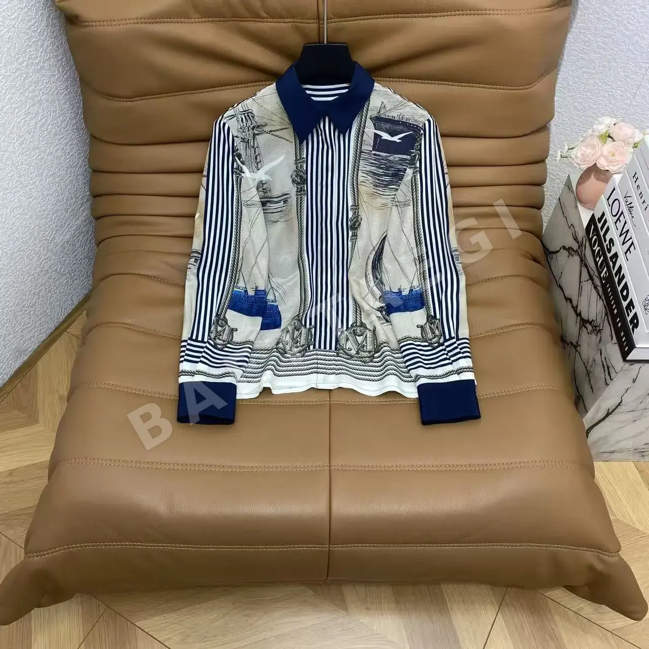 막스마라 실크 네이비 블루 프린트 여성 셔츠 상세 이미지 3