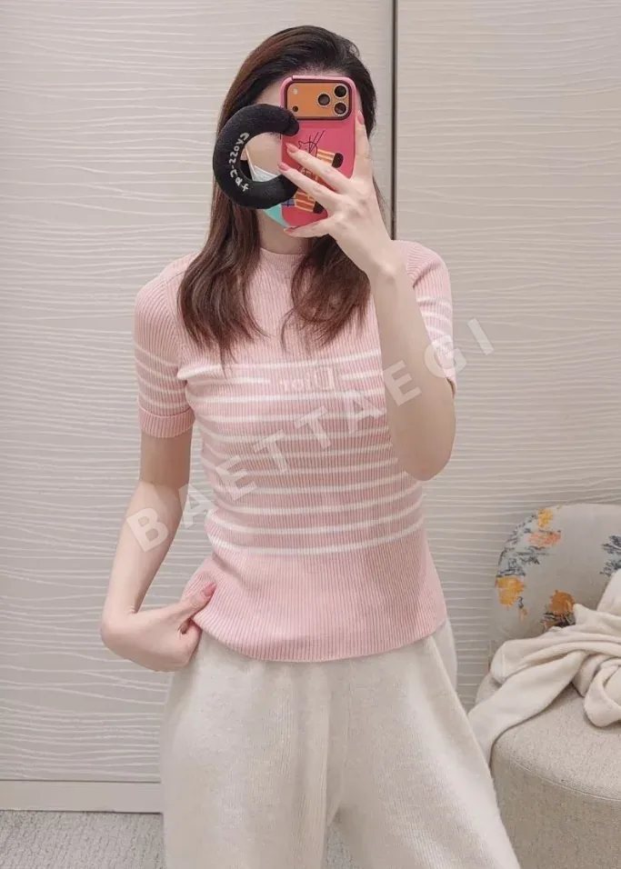 디올 핑크 슬림핏 니트 반팔 상세 이미지 9