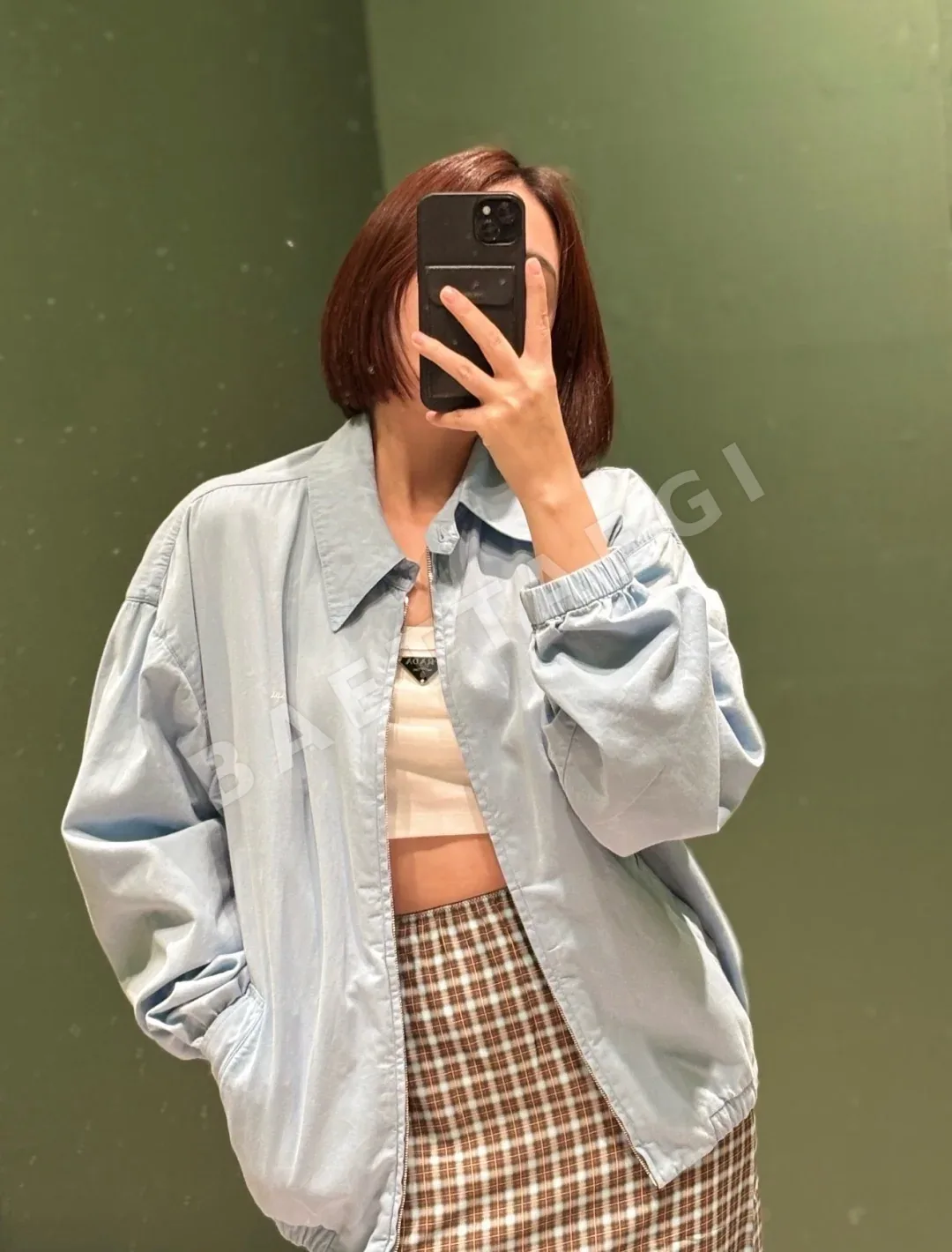프라다 양면 체크 울 코튼 여성 자켓 상세 이미지 5