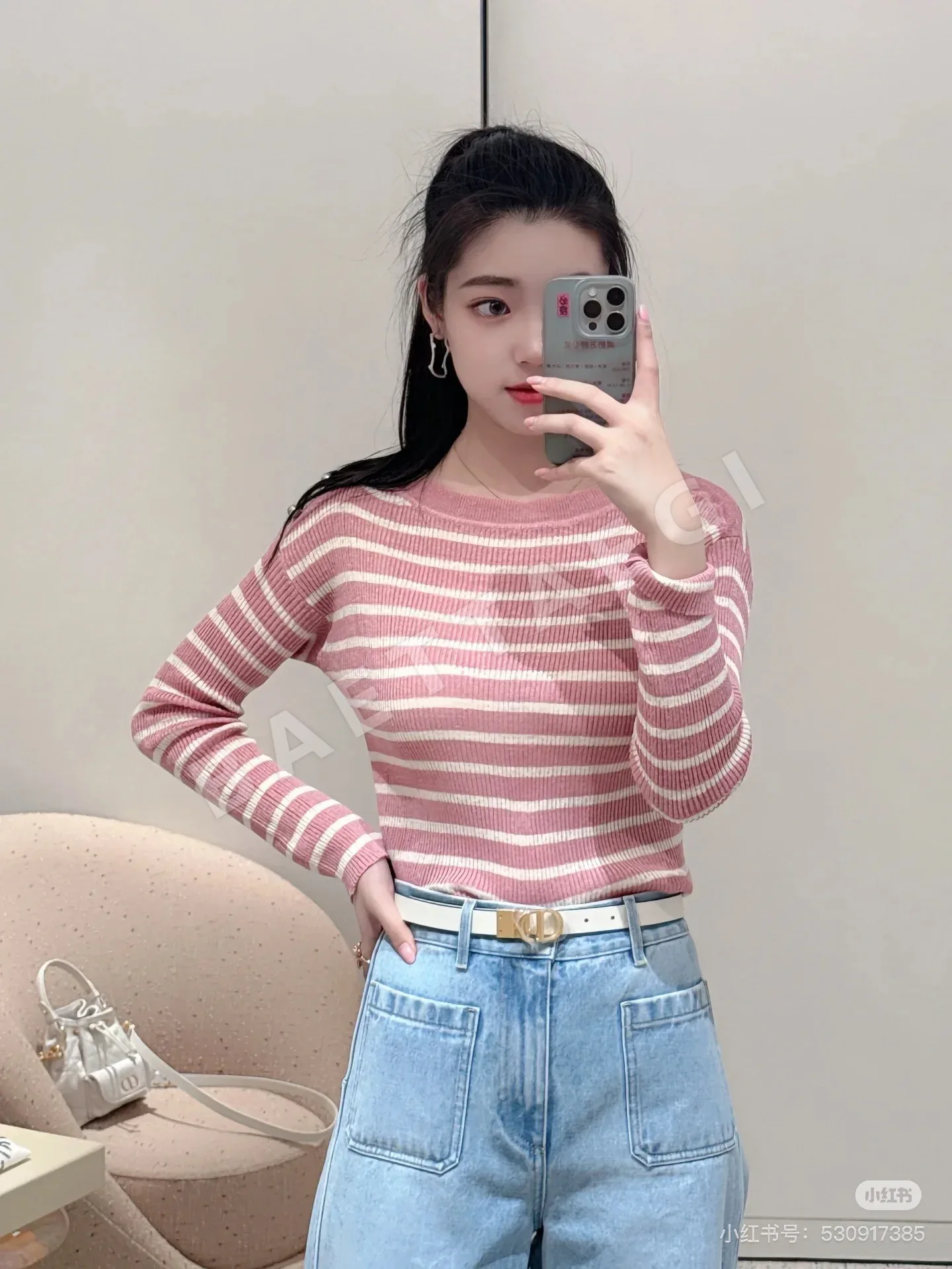 디올 린넨 혼방 스트라이프 V넥 니트 가디건 상세 이미지 4