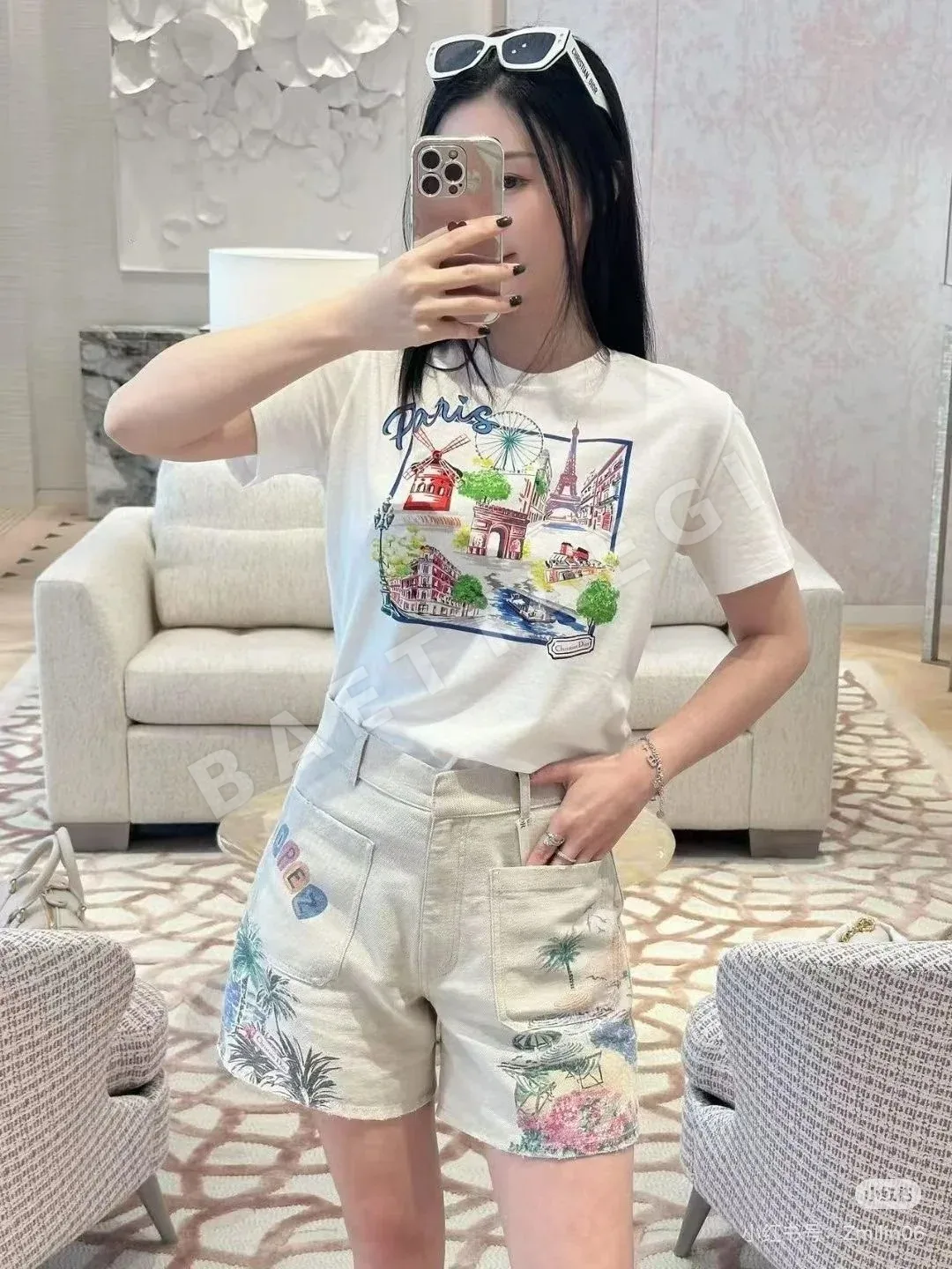 디올 프린트 데님 재킷 반바지 세트 상세 이미지 5