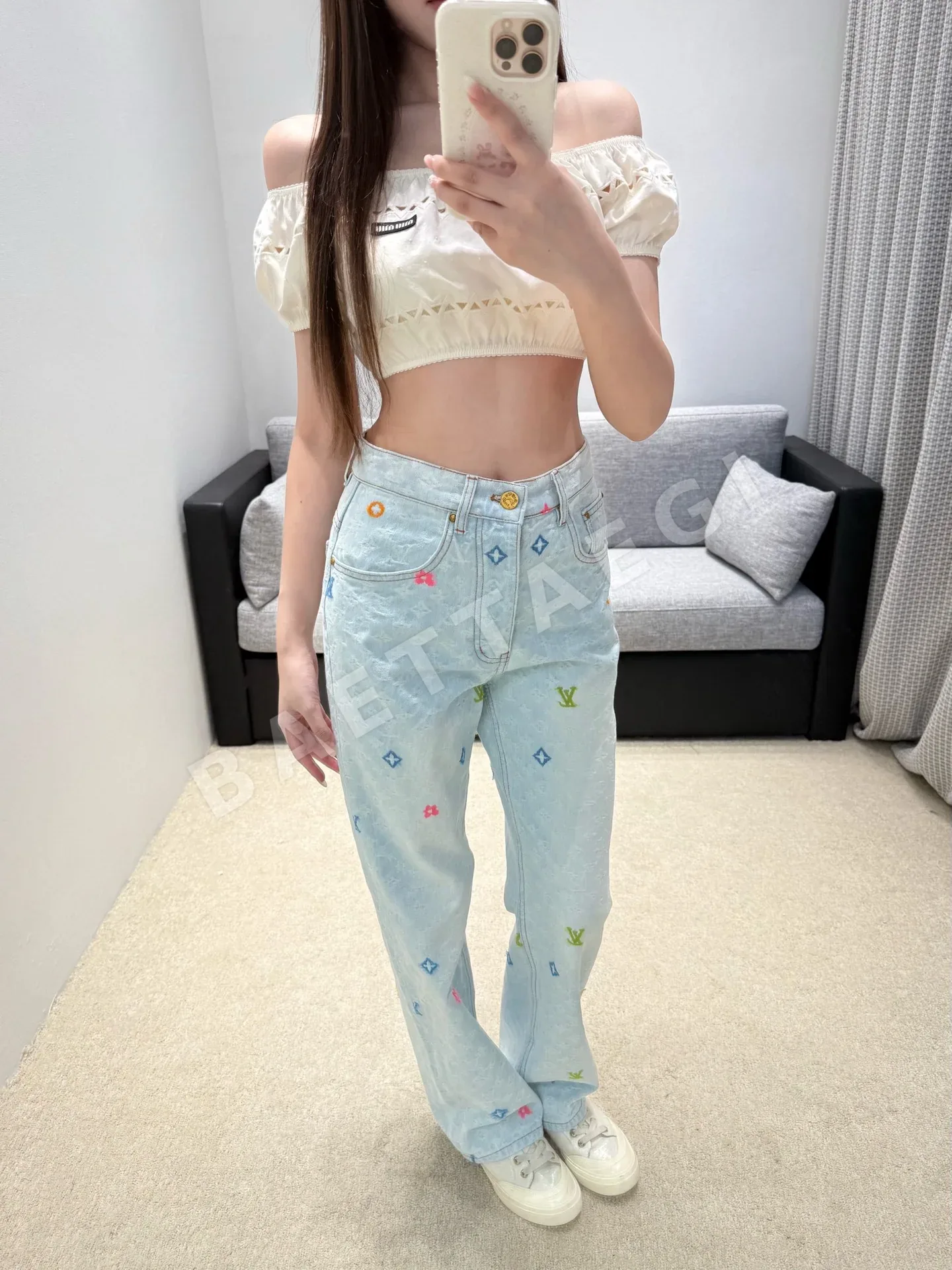 루이비통 라이트 블루 자카드 하이웨스트 플레어 여성 바지 상세 이미지 4