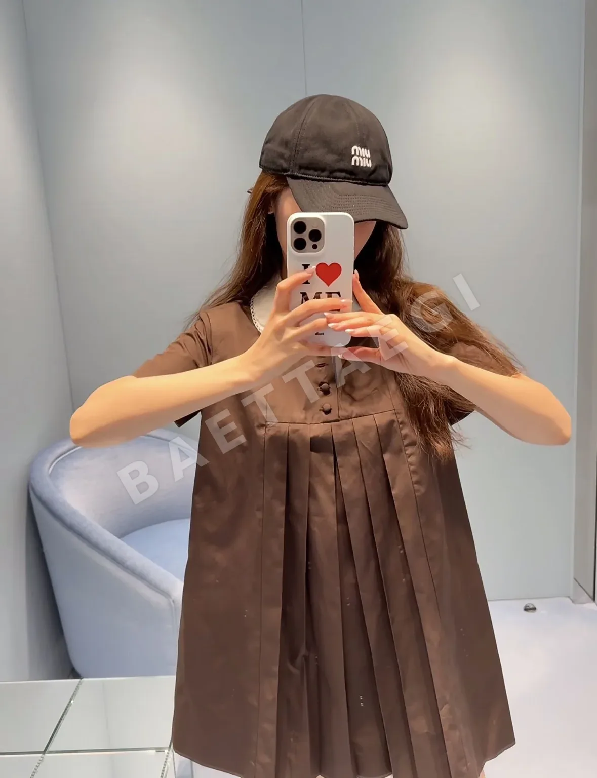 미우미우 브라운 피터팬카라 플리츠 원피스 상세 이미지 7