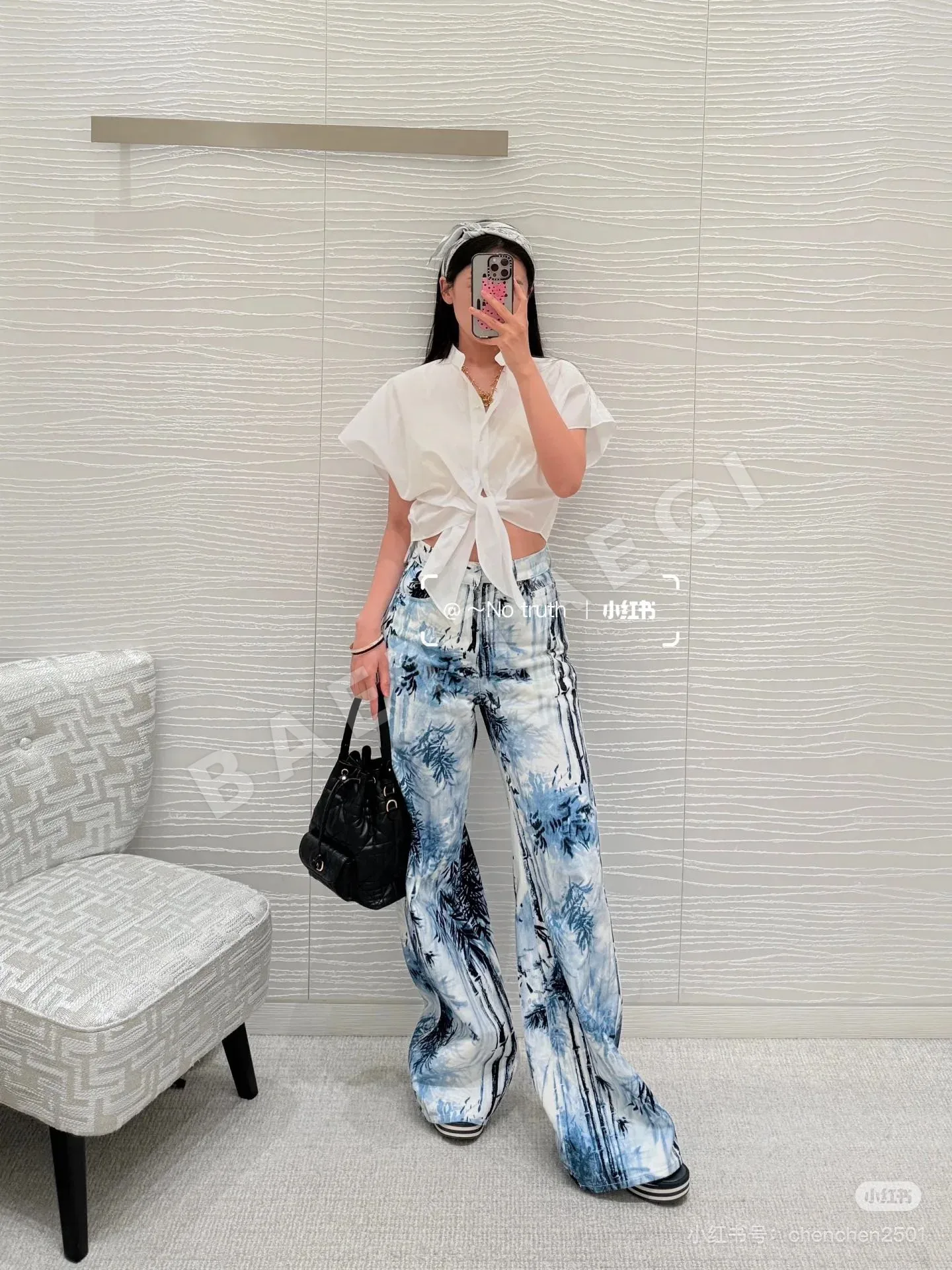 디올 여성 프린트 코튼 데님 바지 상세 이미지 4